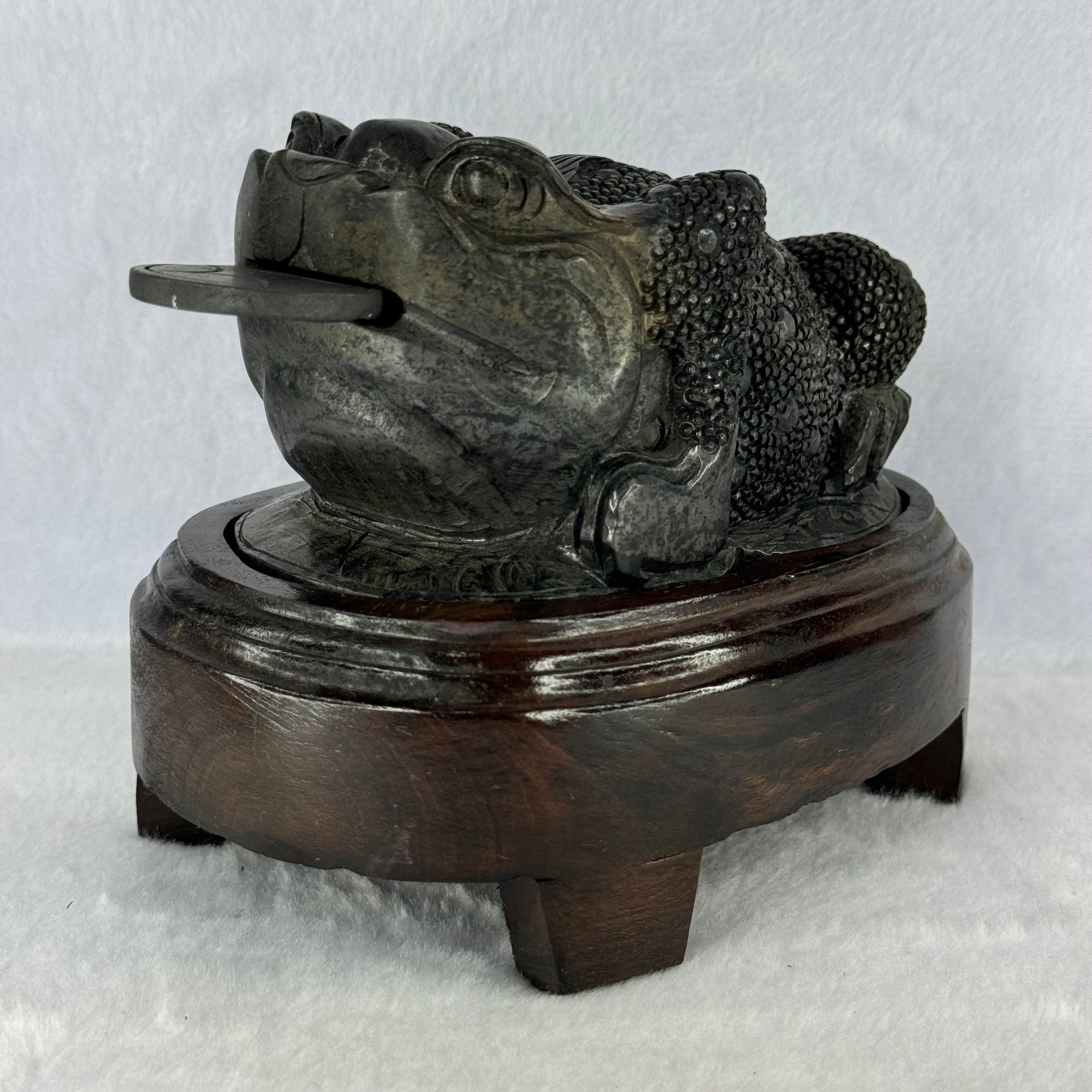 Rare Natural Tibetan Meteorite Tektite 3 Legged Toad with Wooden Stand Display 2,345.1g 170.0 by 118.0 by 125.0mm - Huangs Jadeite and Jewelry Pte Ltd