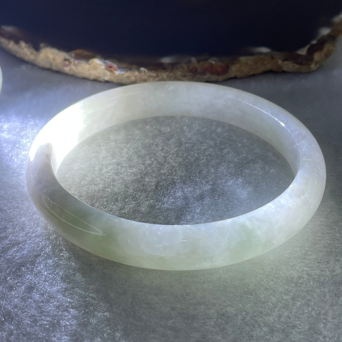 Certified Natural Type A Near White & Faint Green Jadeite Oval Bangle | 65.1mm Inner Diameter (48.42g 10.8x7.7mm | Internal Line, Slight External Rough | Pure Peace & Heart Harmony) - Huangs Jadeite and Jewelry Pte Ltd