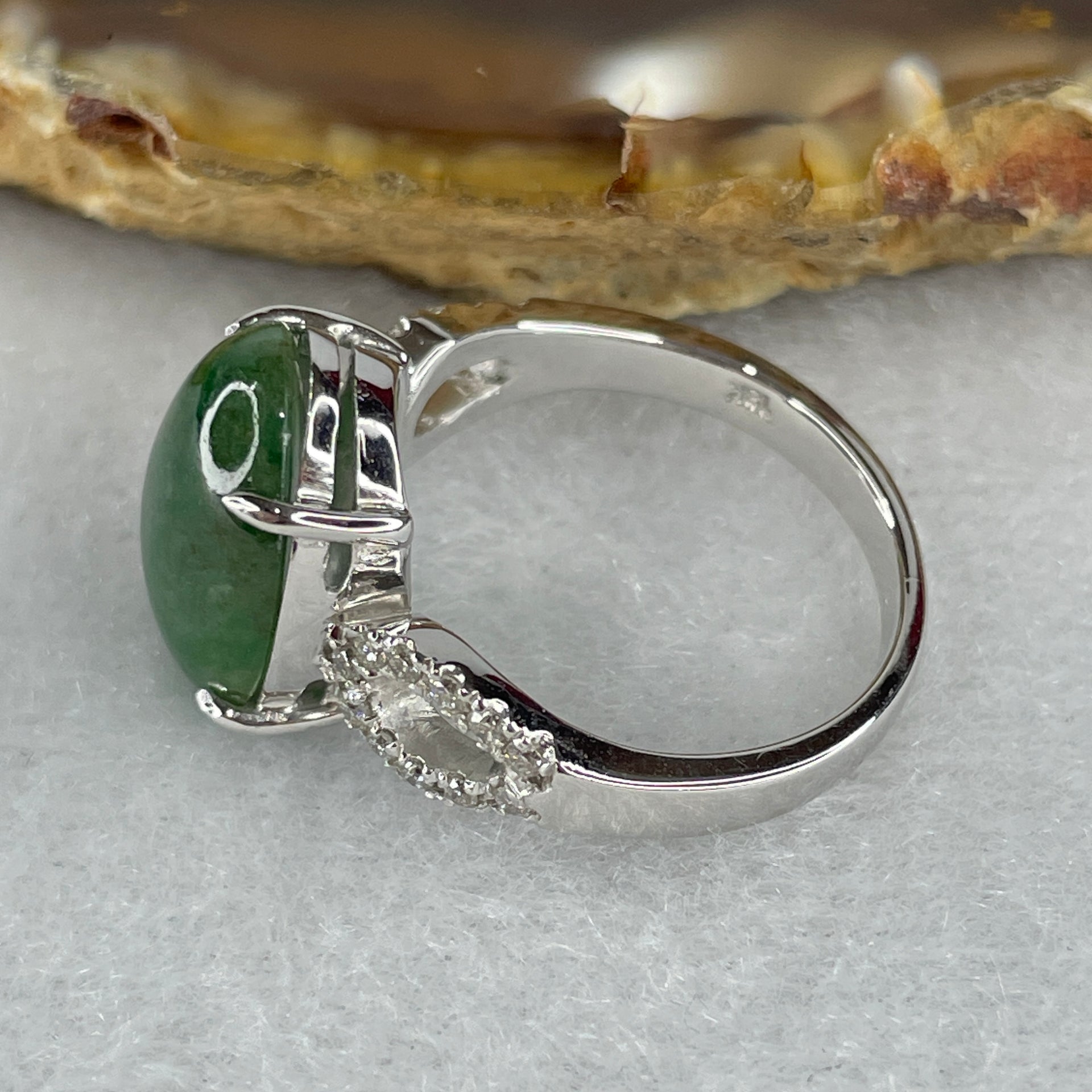 Type A Green Burmese jadeite ring in 18k white gold & natural diamonds 5.43g size US7 - Huangs Jadeite and Jewelry Pte Ltd