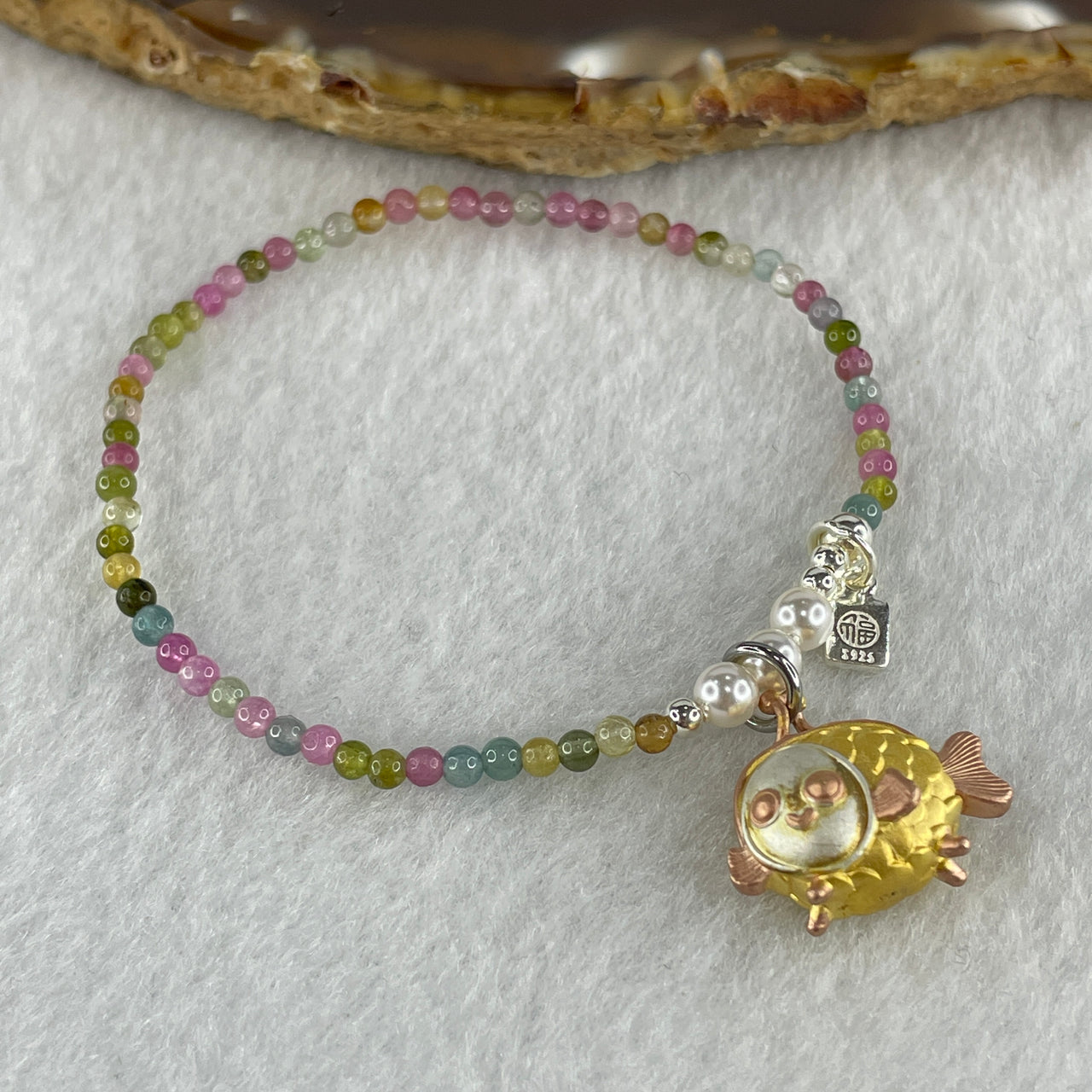 Natural Rainbow Tourmaline with Gold Color Fish and Fu S925 Silver Charm Beads Bracelet 8.58g 14cm 2.7mm 60 Beads
