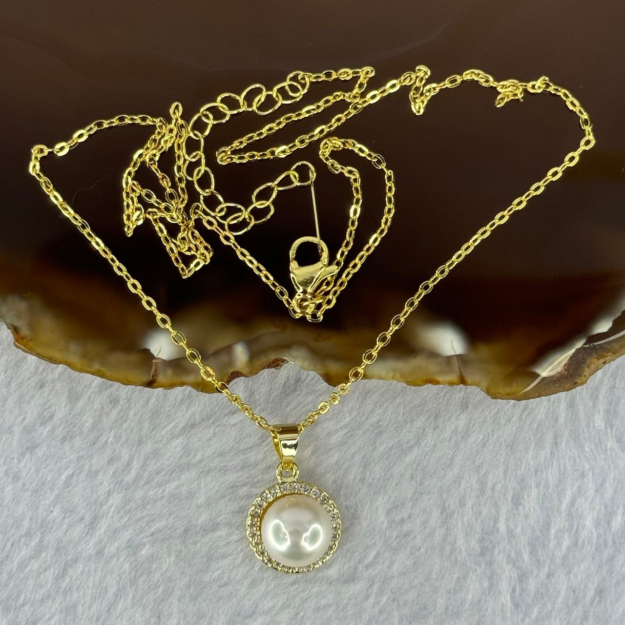 Natural Pearl in Sliver Gold Color Necklace 太阳珍珠项链 3.13g 8.4mm - Huangs Jadeite and Jewelry Pte Ltd