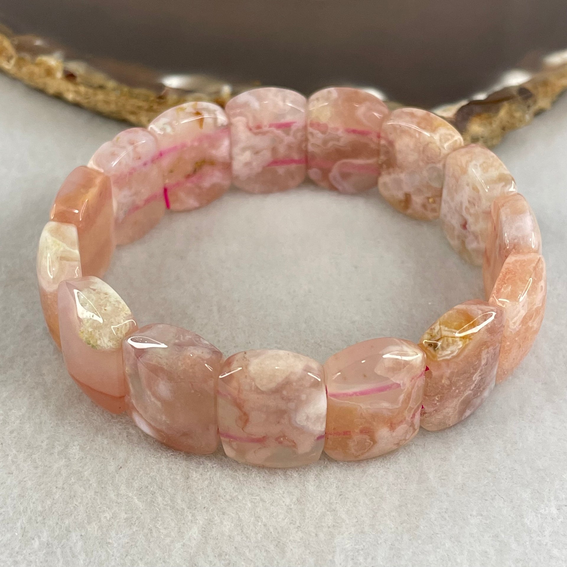 Above Average Natural Pink Flower Agate Shou Pai Bracelet 38.91g 17cm 18.0 by 13.1mm 15 Pieces (Slight External Rough) - Huangs Jadeite and Jewelry Pte Ltd