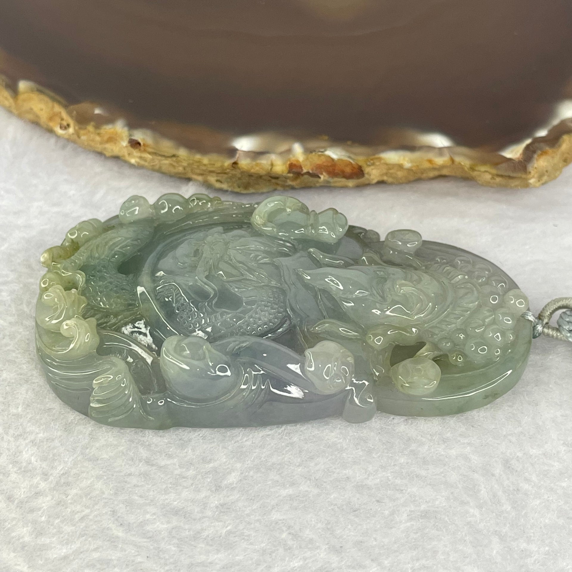 Grand Master Type A 3 Colours Green Lavender Brown Jadeite Gold of Fortune Cai Shen Ye 财神爷 on Dragon 龙 84.21g 75.4 by 41.7 by 12.8mm - Huangs Jadeite and Jewelry Pte Ltd