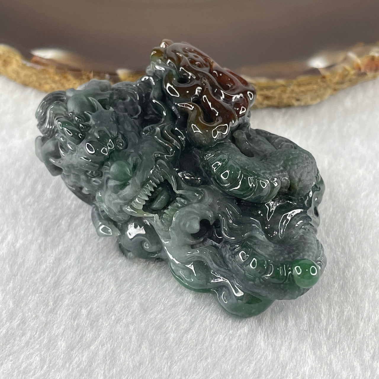 Natural Type A Wuji Grey Green and Brown Jadeite Fire Dragon Pendant 96.87g 62.8 by 39.3 by 36.5mm