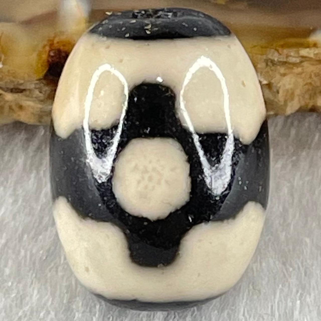 Natural Powerful Tibetan Old Oily Dark Brown With White Agate 3 Eyes Dzi Bead Heavenly Master (Tian Zhu) 三眼天诛 4.37g 17.4 by 12.9mm - Huangs Jadeite and Jewelry Pte Ltd