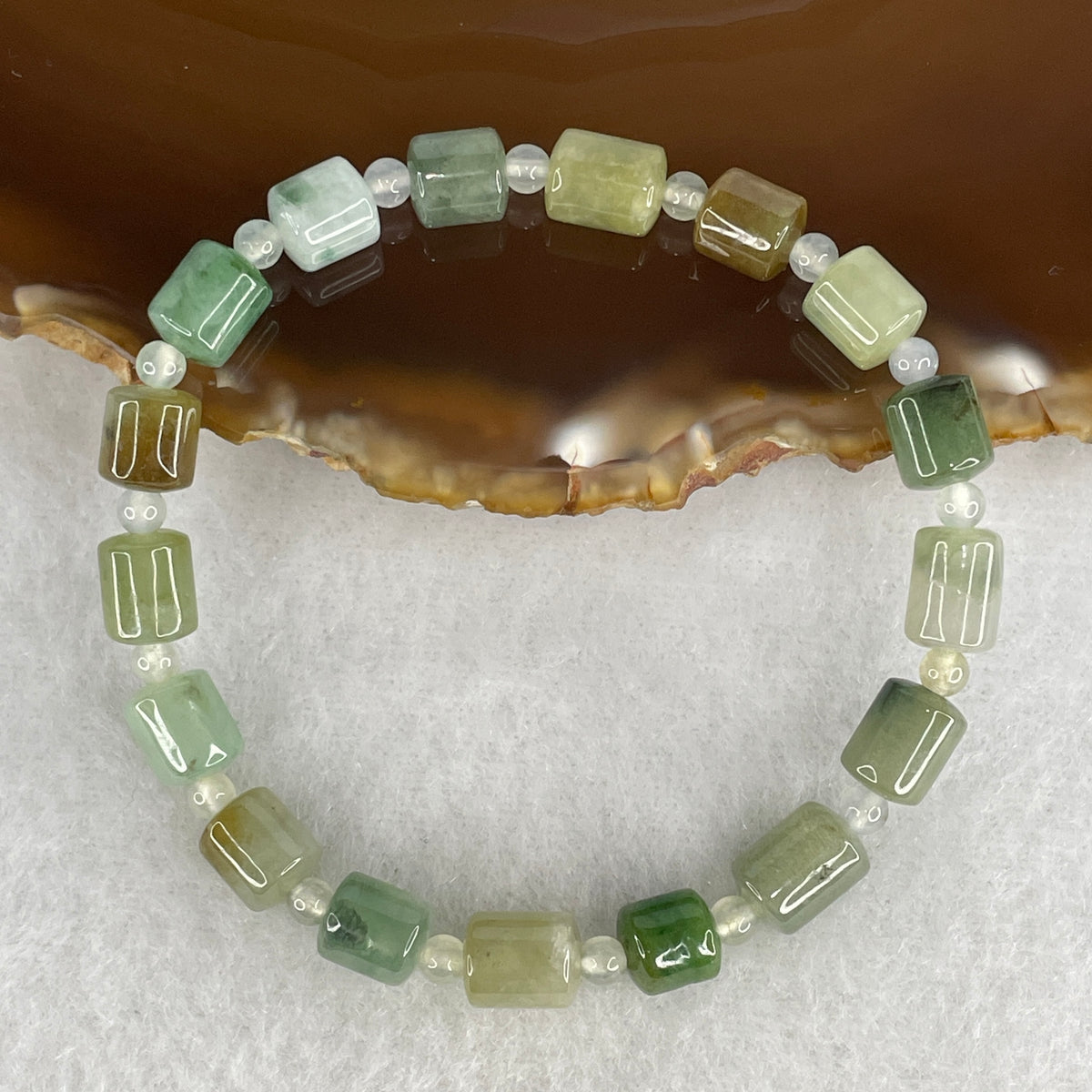 Natural Type A Green & Brownish Jadeite Pebble Focal with Agate Lulutong Beads Bracelet | 16cm with 17 Beads 8.3mm (15.39g | Root, Solar Plexus & Heart Chakra Balance, Organic Earth Energy & Continuous Wealth Flow Shield)