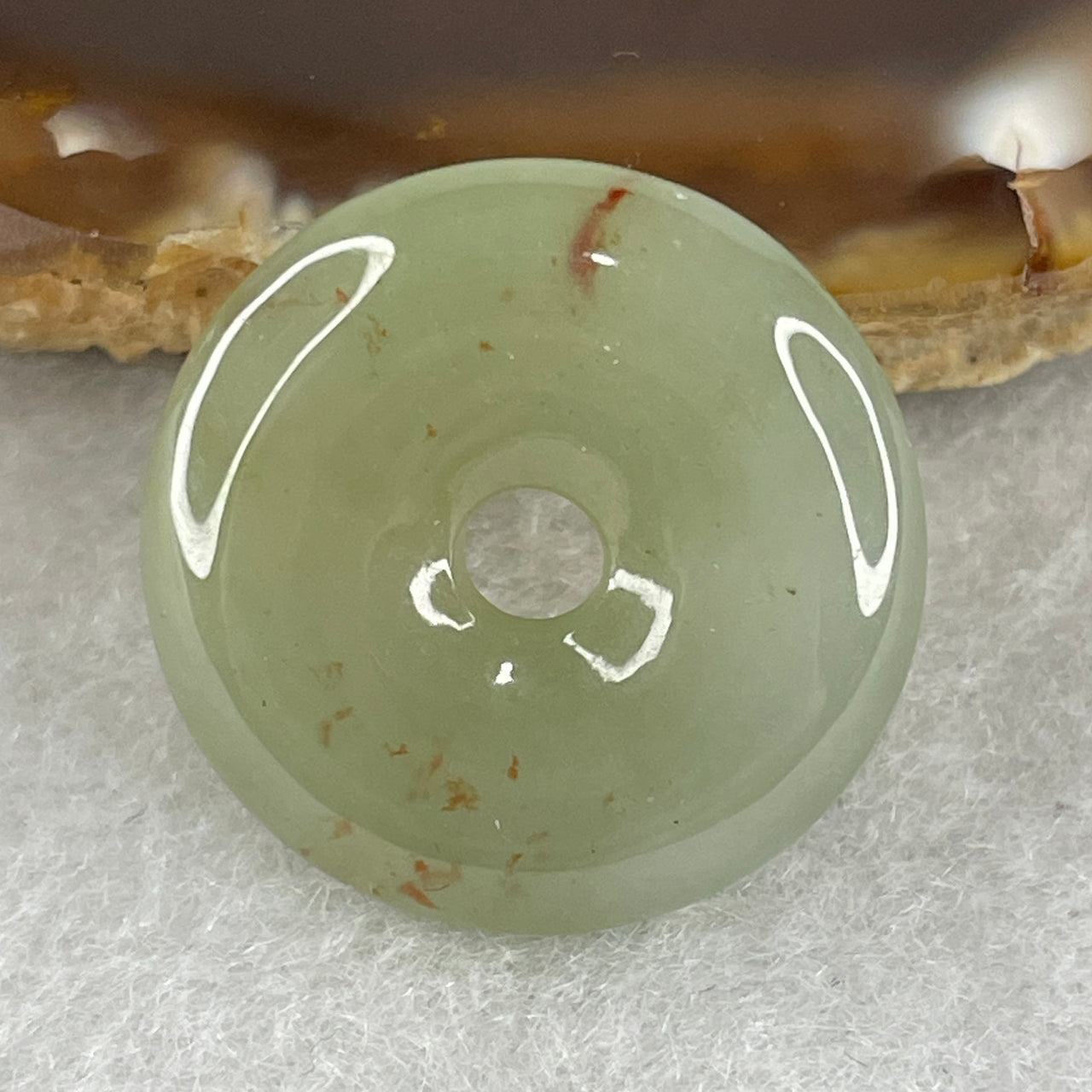 Natural Type A Semi-Icy Blueish Green Jadeite Pendant | Ping An Kou Donut with Earthy Brown Patches (4.48g, 21.2x4.8mm)