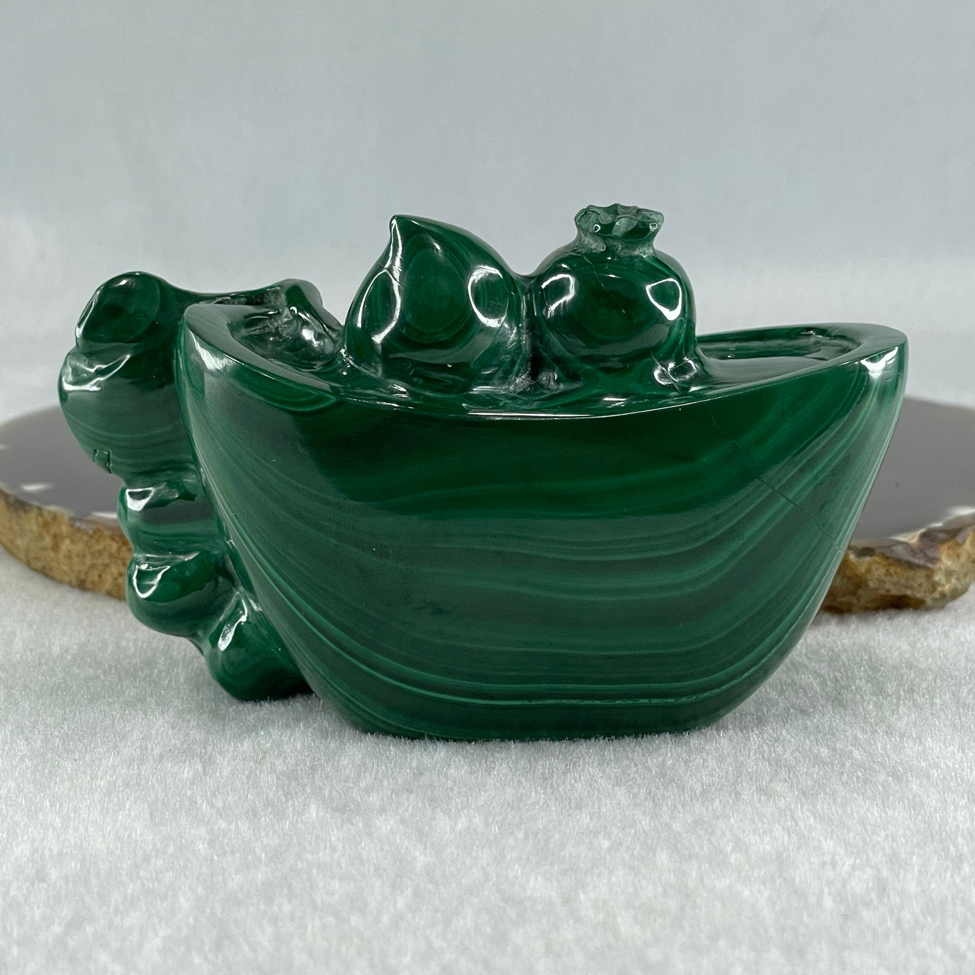 Natural Malachite Yuan Bao Ingot with Money bag and Longevity Beach with Wooden Stand Display 402.5g 96.5 by 45.8 by 76.0mm - Huangs Jadeite and Jewelry Pte Ltd