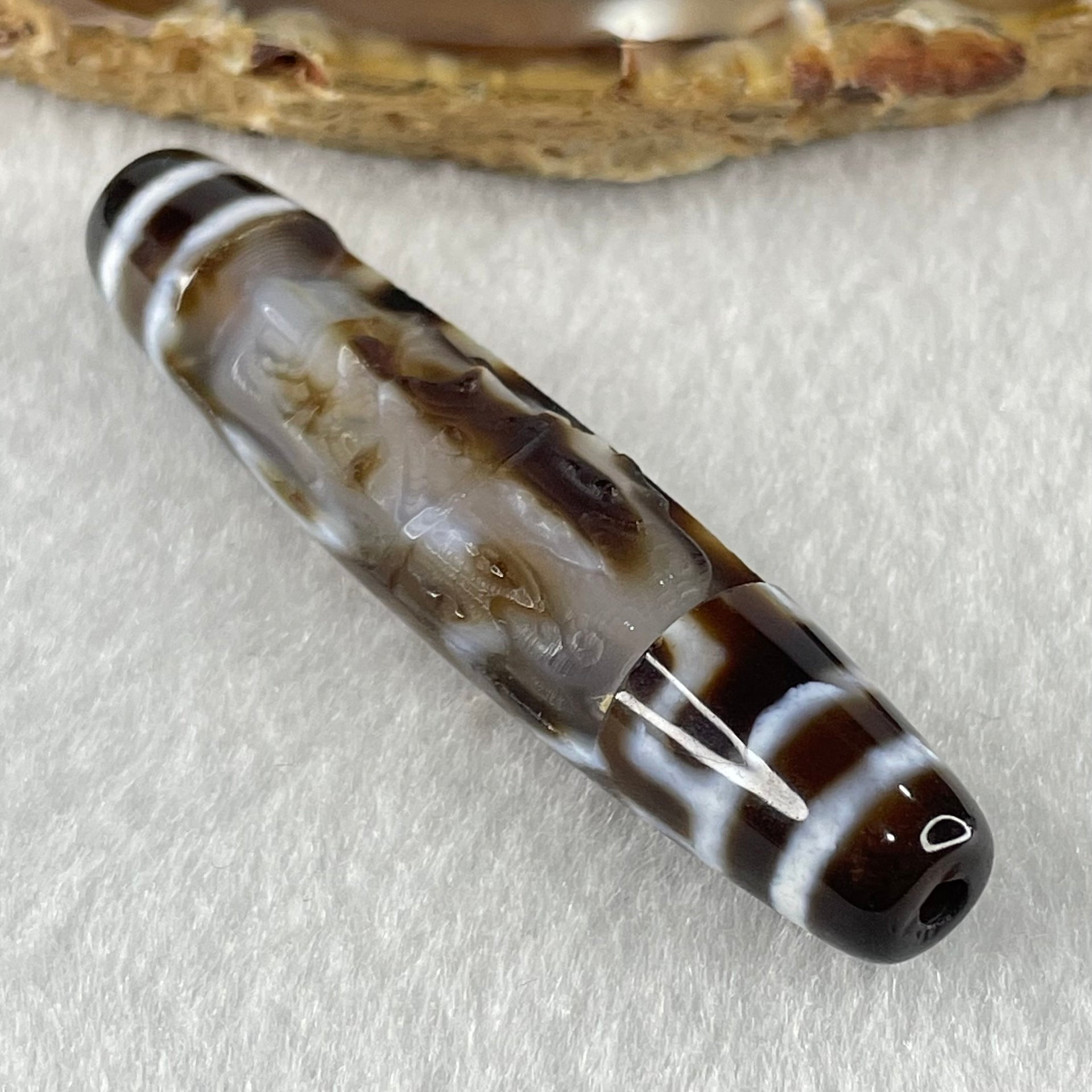 Natural Powerful Tibetan Old Oily Agate 4 Eyes with Zha Ji La Mu Female Cai Shen Carvings Dzi Bead Heavenly Master (Tian Zhu) 四眼扎基拉姆女财神天诛 13.03g 57.9 by 13.0mm - Huangs Jadeite and Jewelry Pte Ltd