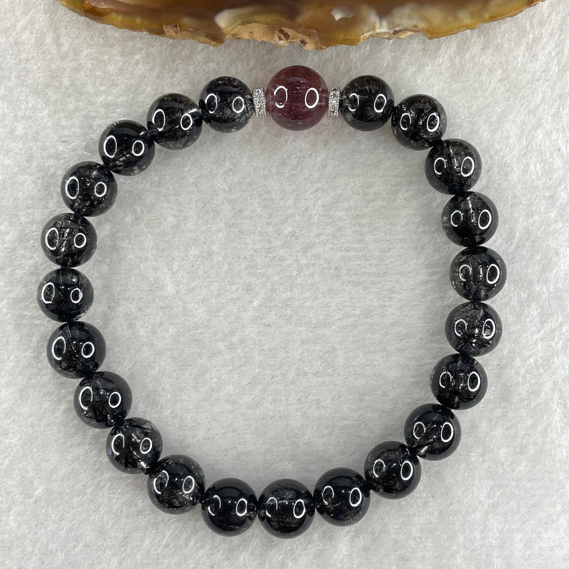 Natural Black Rutilated Quartz with Strawberry Quartz Beads Bracelet 17.79g 16cm 8.2mm 22Beads - 9.4mm 1Bead - Huangs Jadeite and Jewelry Pte Ltd