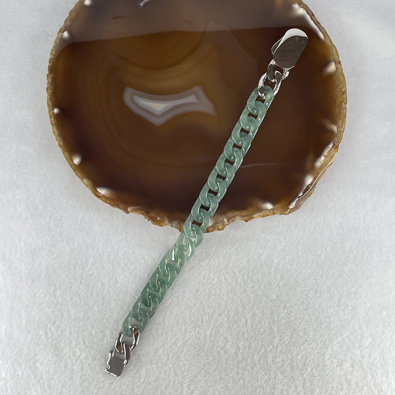 Certified Natural Type A Icy Blueish Green Jadeite Cuban Tennis Bracelet with Sliver Color Clasp 26.04g Up to 18cm 11.7 by 3.5mm 16 Pcs