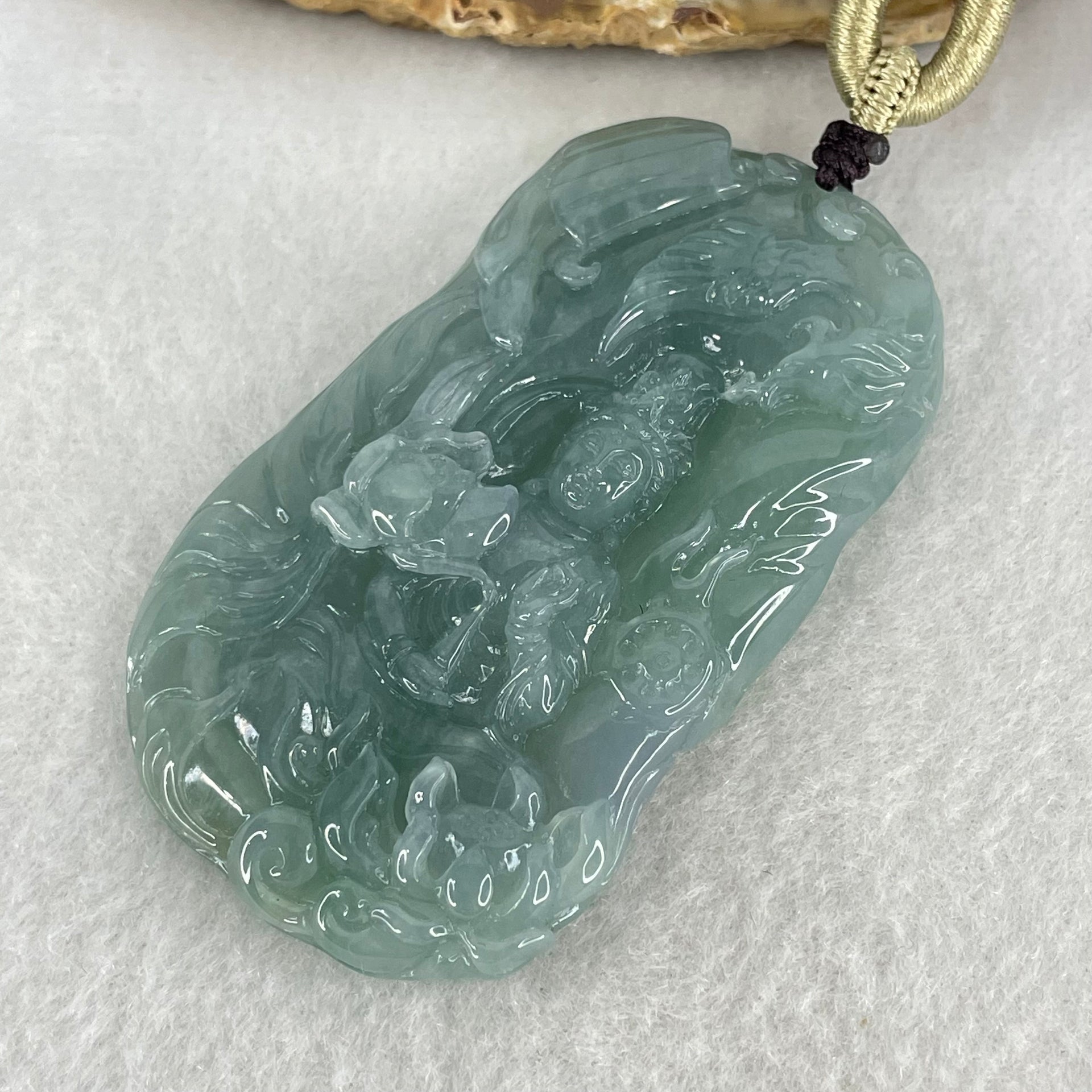 Type A Semi Icy Light Blueish Green Jadeite Guan Yin with Lotus Flower and Phoenix Pendant 40.71g 61.8 by 36.9 by 8.6mm - Huangs Jadeite and Jewelry Pte Ltd