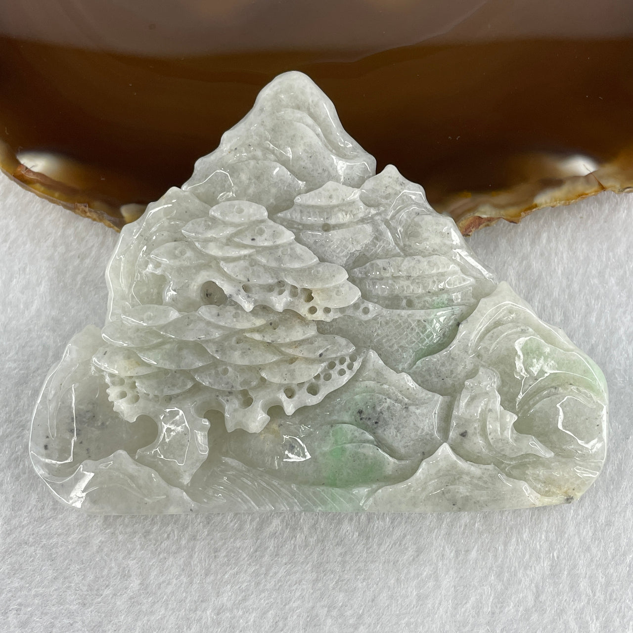 Natural Type A Faint Lavender Faint Green with Grey Wuji Patches Jadeite Shan Shui Scenic with Gui Ren Benefactor 85.27g 66.8 by 88.4 by 10.5mm