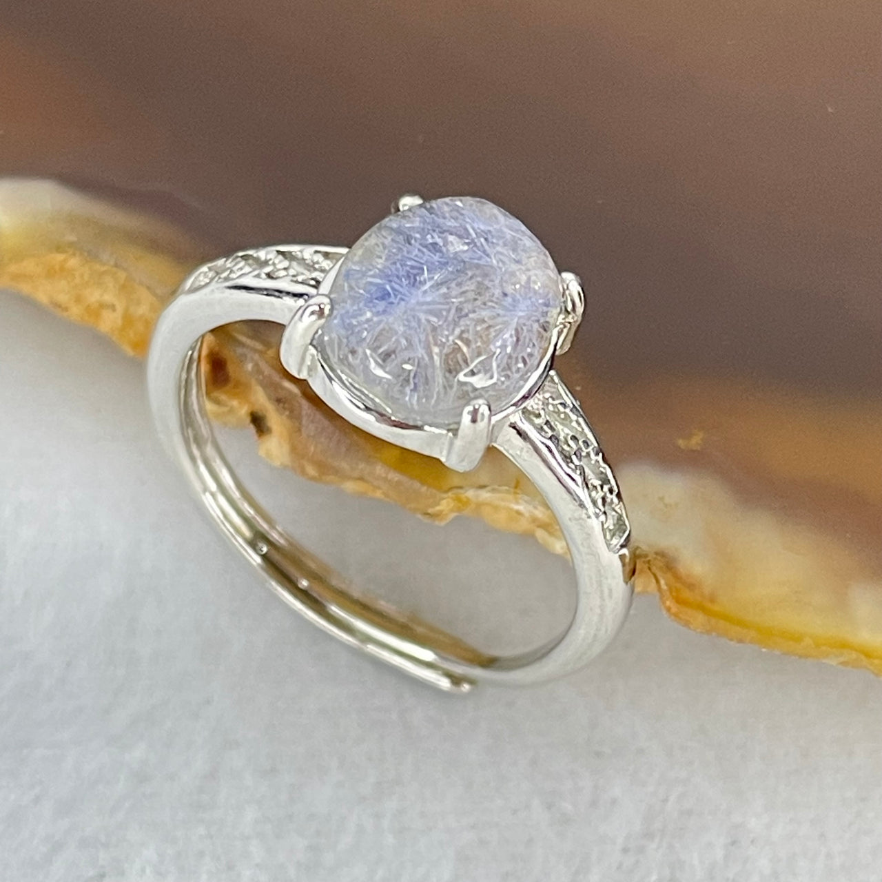 Rare Good Grade Natural Blue Dumortierite Rutilated Quartz in S925 Sliver Ring (Adjustable Size) 1.46g 8.3 by 6.9 by 3.5mm - Huangs Jadeite and Jewelry Pte Ltd