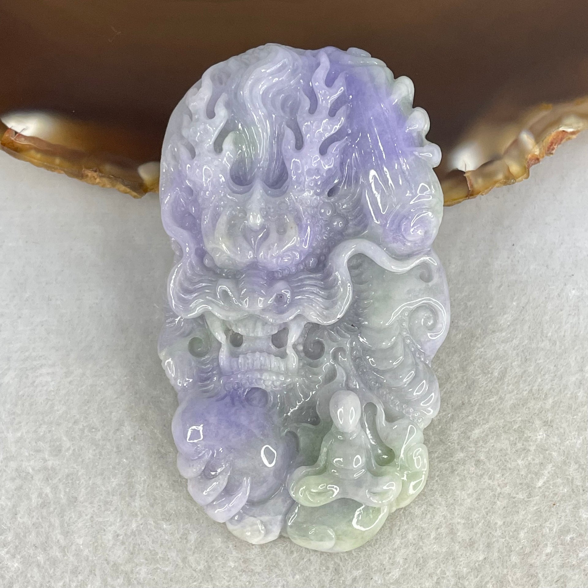 Type A Bright Intense Lavender Green Jadeite Double Sided Dragon with Benefactor Pendant 39.73g 65.0 by 37.4 by 9.8mm - Huangs Jadeite and Jewelry Pte Ltd