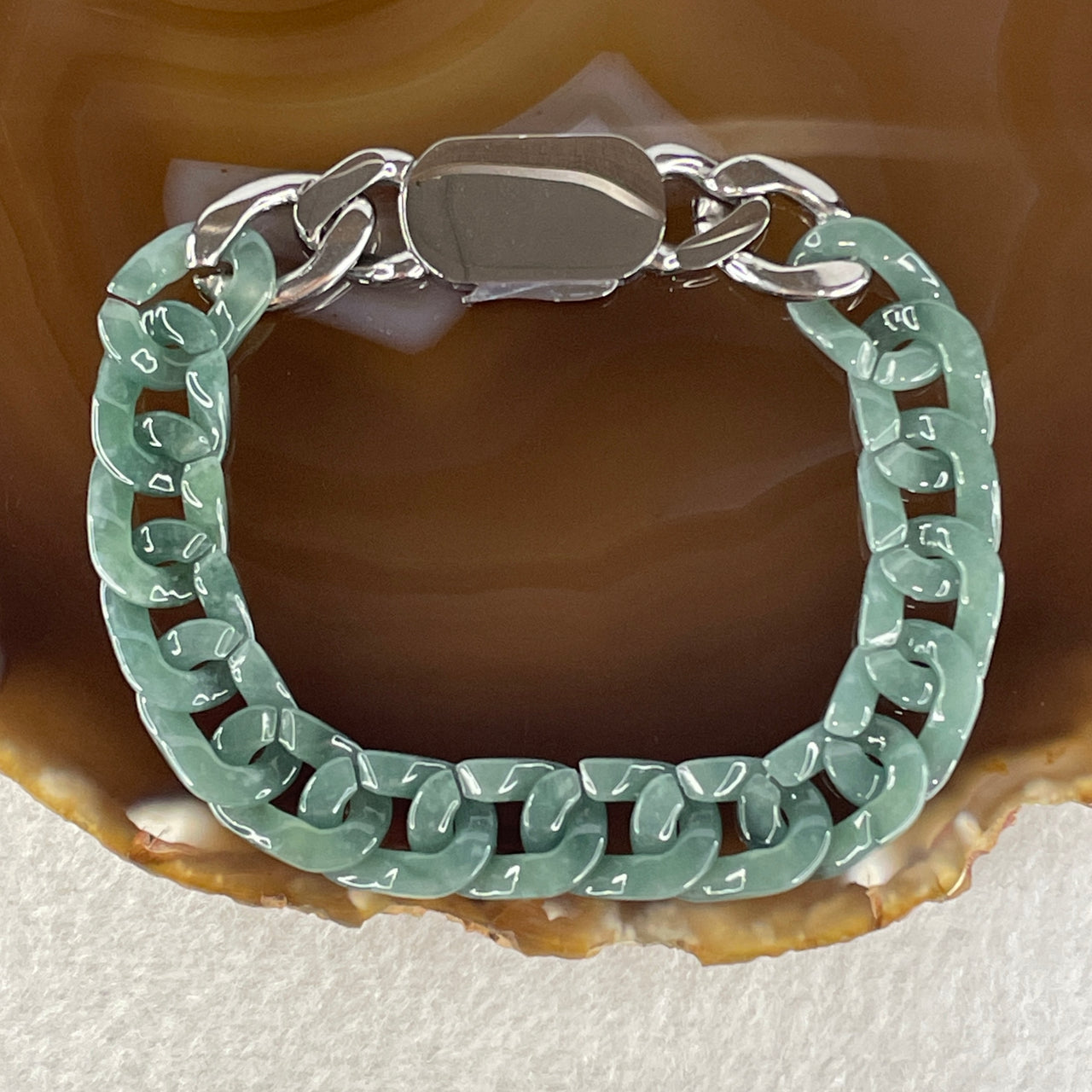 Certified Natural Type A Semi Icy Blueish Green Jadeite Cuban Tennis Bracelet with Metal Clap 25.97g 18cm 11.6 by 16.7 by 3.2mm 16 Pcs