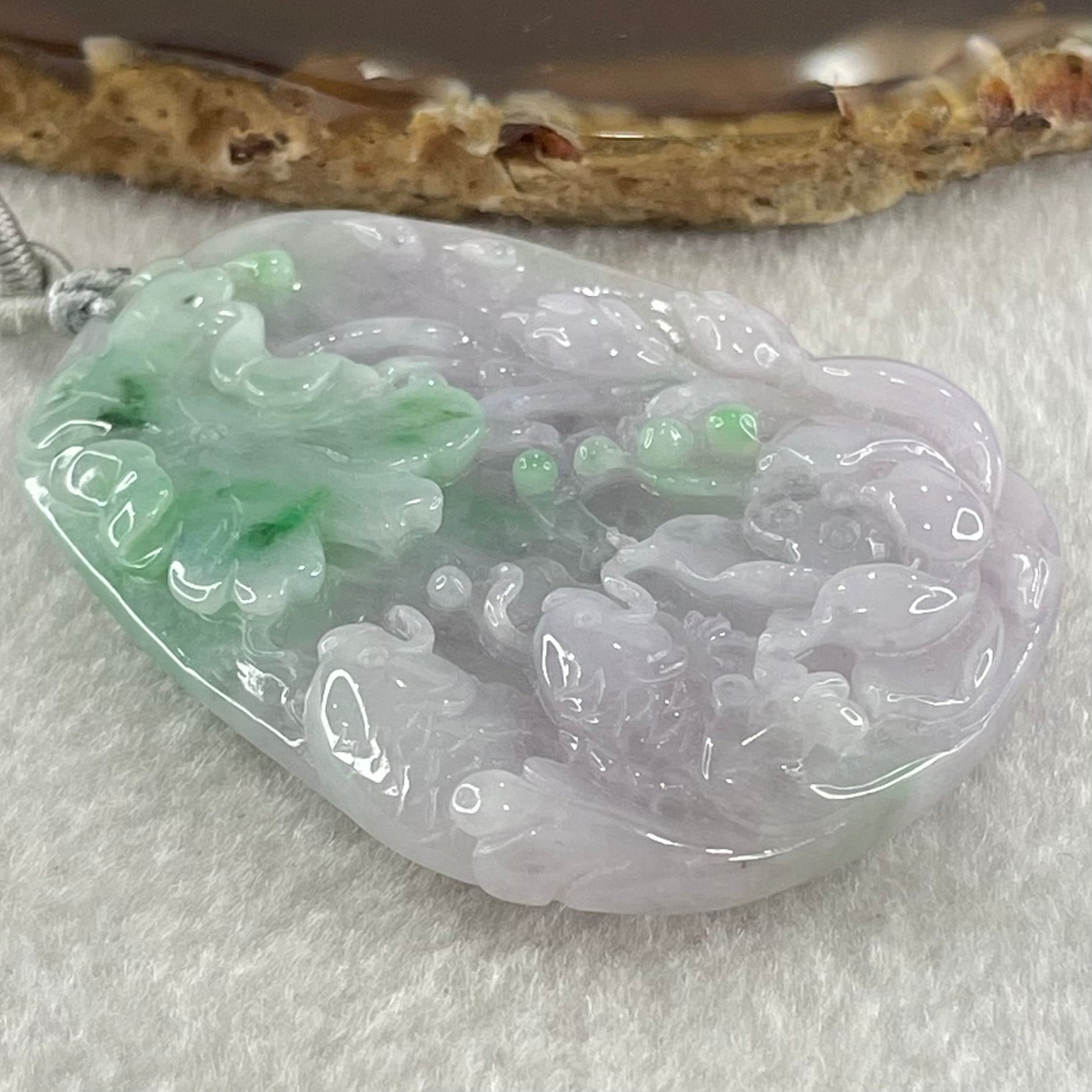 Type A Lavender with Spicy Green Patches Jadeite Lotus Flower and Double koi 51.34g 56.8 by 42.2 by 11.8mm - Huangs Jadeite and Jewelry Pte Ltd