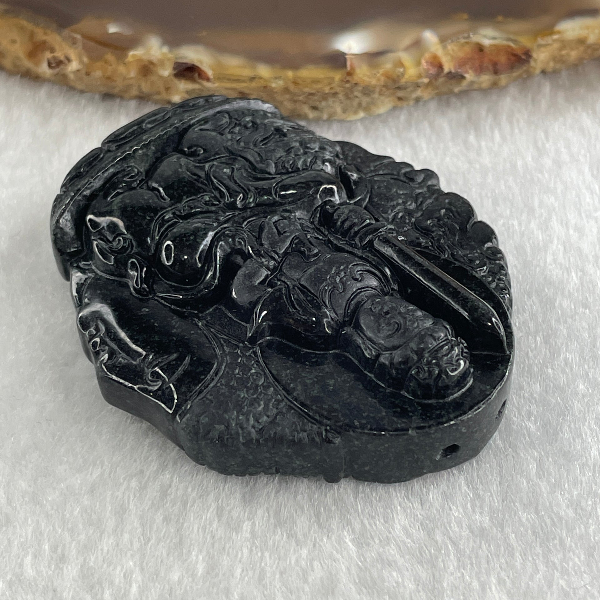 Type A Opaque Black Omphacite Jadeite Good Vs Evil Manjushri Bodhisattva Pendant Rabbit Zodiac Guardian 39.25g 50.5 by 44.0 by 13.3mm - Huangs Jadeite and Jewelry Pte Ltd