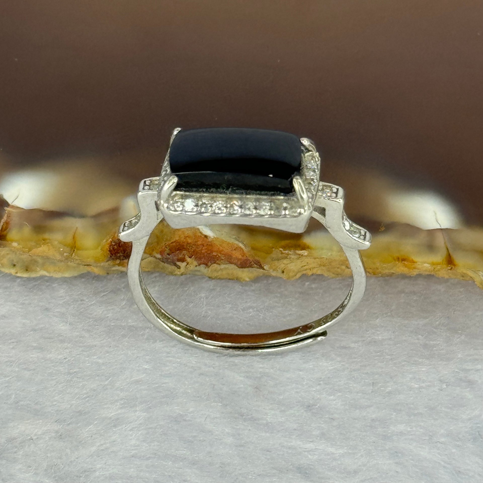 Type A Translucent Black Omphasite Jadeite with Crystals in S925 Sliver Ring (Adjustable Size) 2.00g 11.1 by 6.1 by 3.0mm - Huangs Jadeite and Jewelry Pte Ltd