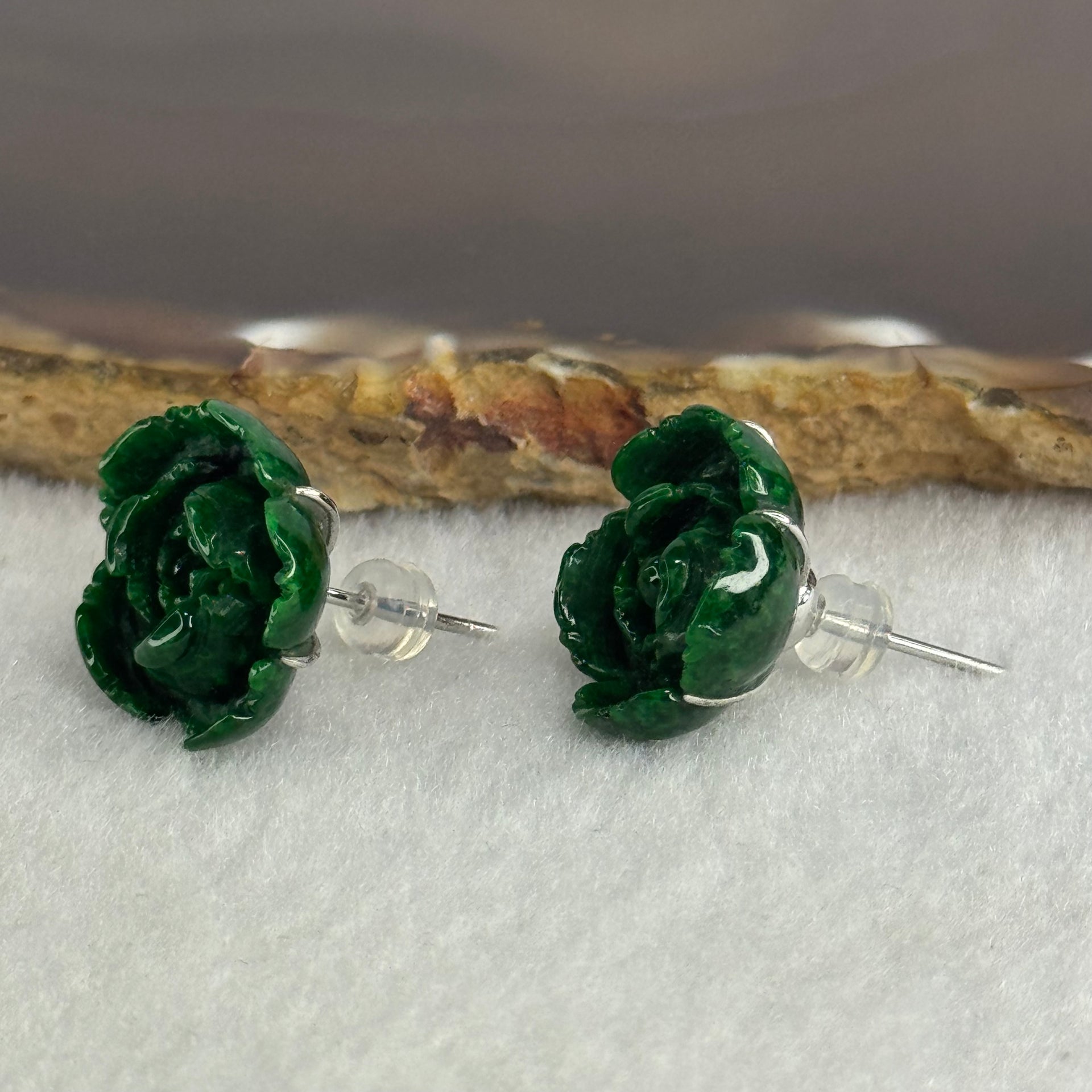 Type A Full Green Old Mine Jade Jadeite Rose 18k White Gold Earrings 6.6g 17.5 by 16.1 by 7.9mm - Huangs Jadeite and Jewelry Pte Ltd