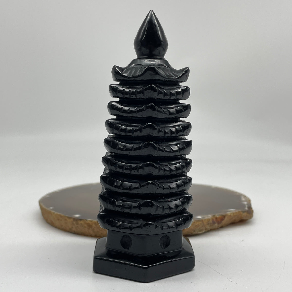 Natural Black Obsidian Pagoda Display | (336.26g | 58.7 x 51.8 x 128.5mm | Catalyst, "Wen Chang" Academic Excellence & Career Promotion Anchor, Traditional Spatial Shielding Specimen)