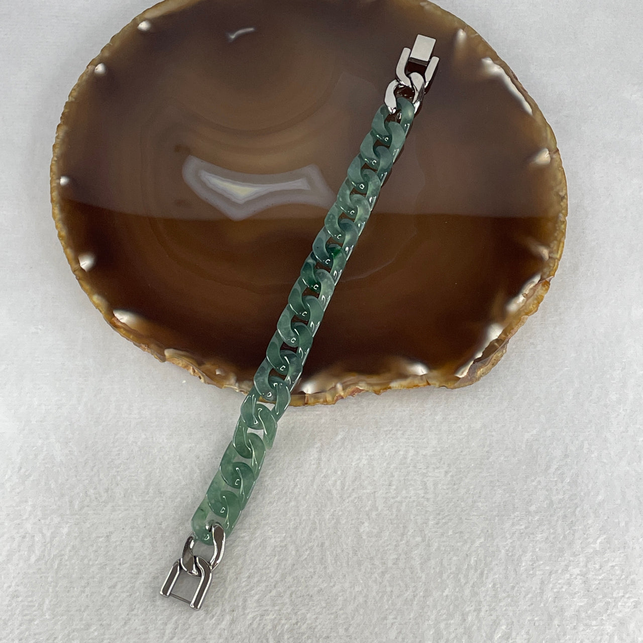 Certified Natural Type A Icy Blueish Green Jadeite Cuban Tennis Bracelet with Stainless Steel Clasp 20.60g Up to 17cm 11.7 by 3.4mm 16 Pcs