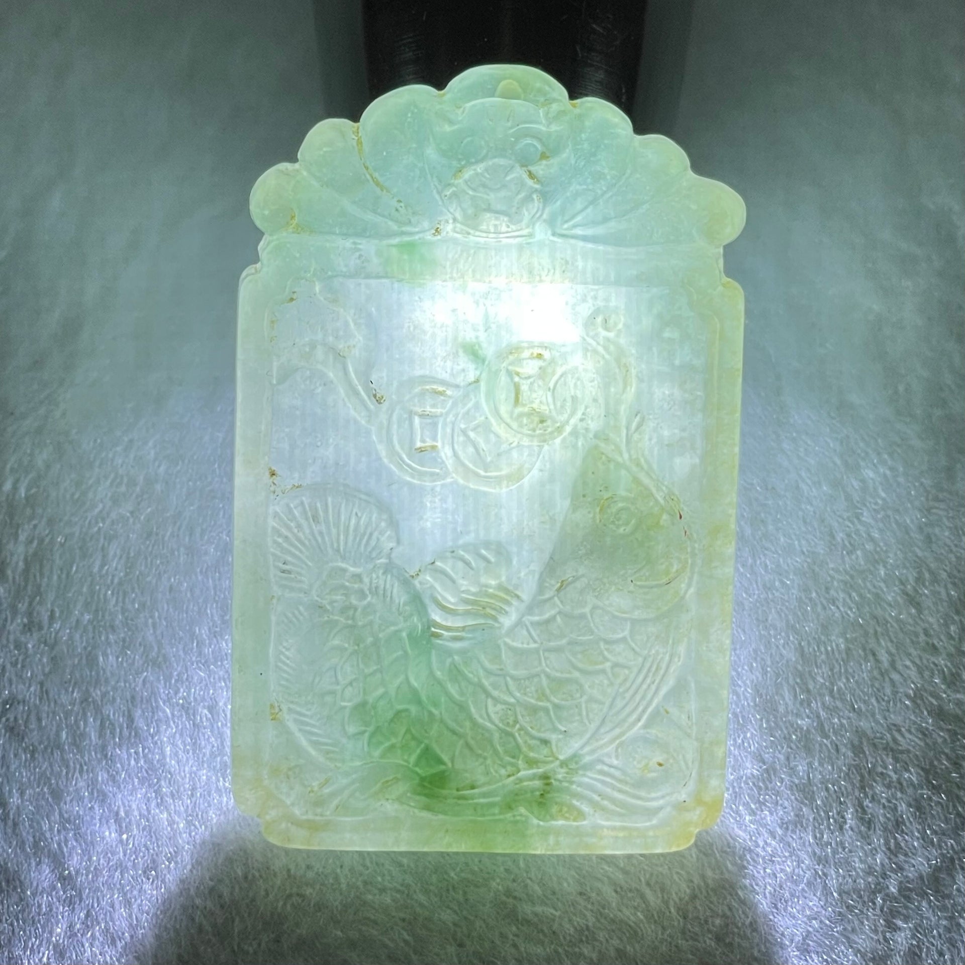 (Pre-Love) Lotus on Water by Yun Long Zi Type A Semi Icy Light Green with Green Piao Hua Jadeite Arona Fish with Bat and Coins 30.46g 48.9 by 31.6 by 7.9mm with Full Original Box Set - Huangs Jadeite and Jewelry Pte Ltd