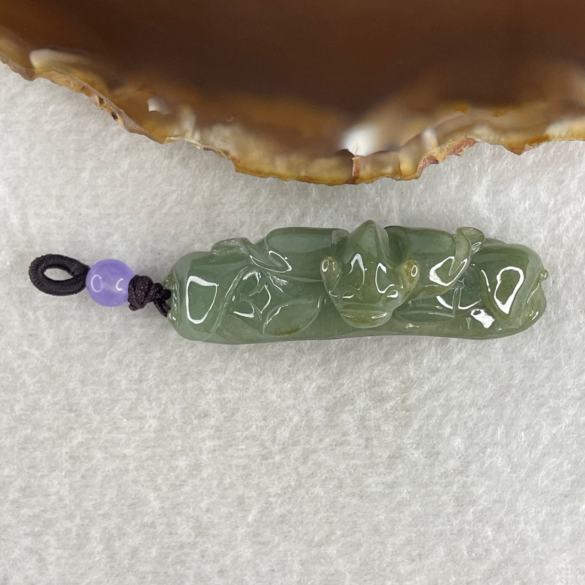 Natural Type A Green with Brownish Jadeite Bat with Coins and Ruyi Pendant Charm 16.14g 50.7 by 15.0 by 14.7mm - Huangs Jadeite and Jewelry Pte Ltd