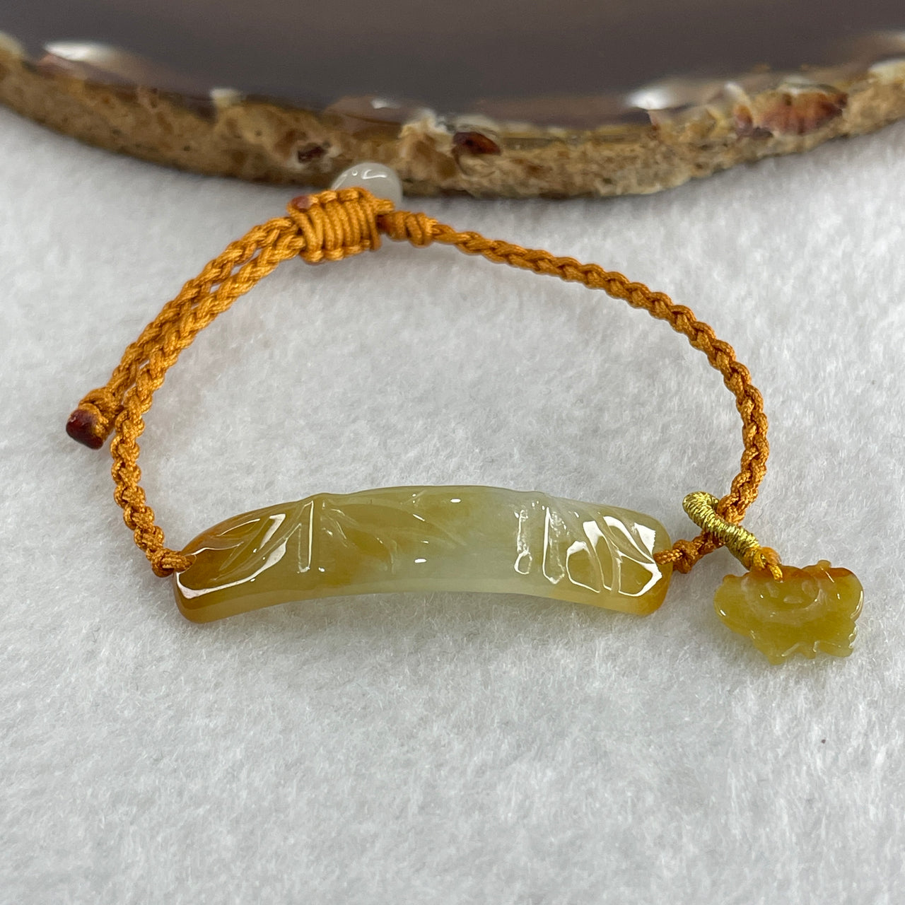 Natural Type A Yellowish with Light Green Jadeite Bamboo with Butterfly in String Bracelet 3.97g 14-16cm 39.1 by 9.1 by 2.9mm