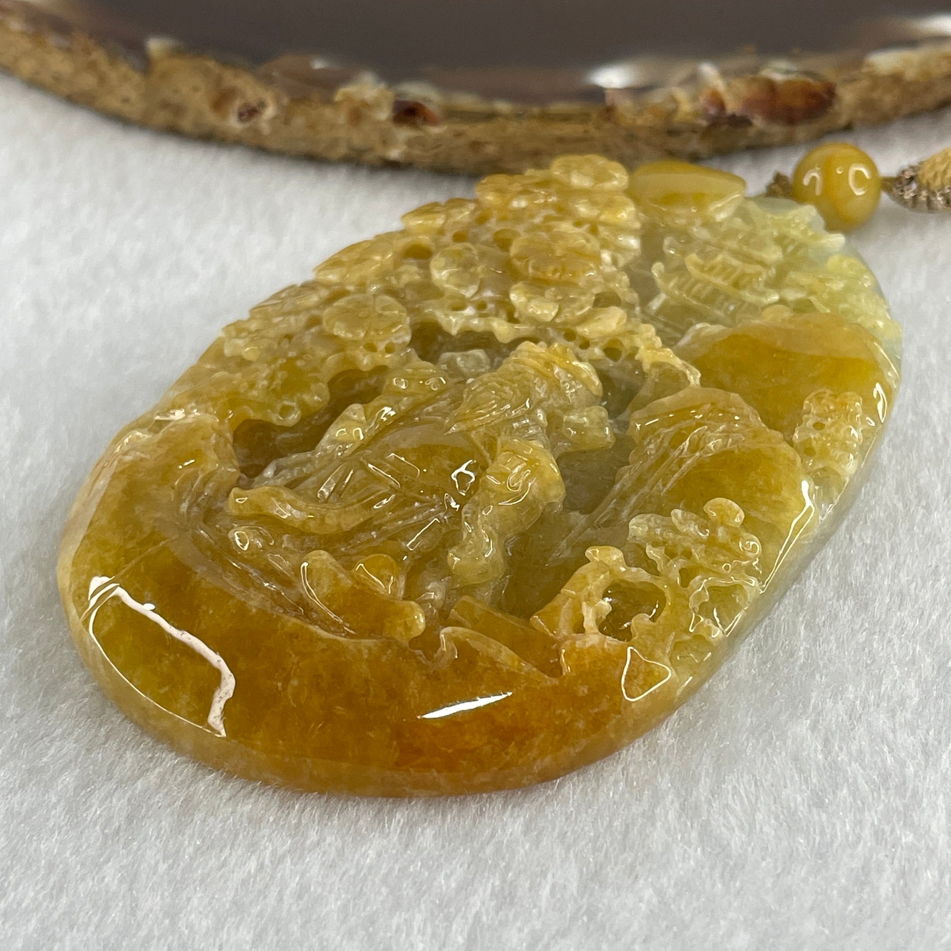 Grand Master Type A Yellowish with Light Green Patches Jadeite Cai Shen Ye God Of Fortune on Shan Shui with Gui Ren Pendant 75.70g 77.0 by 51.1 by 10.0mm - Huangs Jadeite and Jewelry Pte Ltd