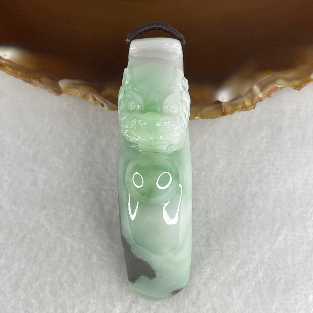 Natural Type A Light Green & Green Piao Hua Jadeite Dragon Head Pendant | (54.11g | 66.0x27.5x17.8mm |Heart, Third Eye & Root Chakra Harmony, "Long Tou" Leadership Power & Supreme Authority Shield)