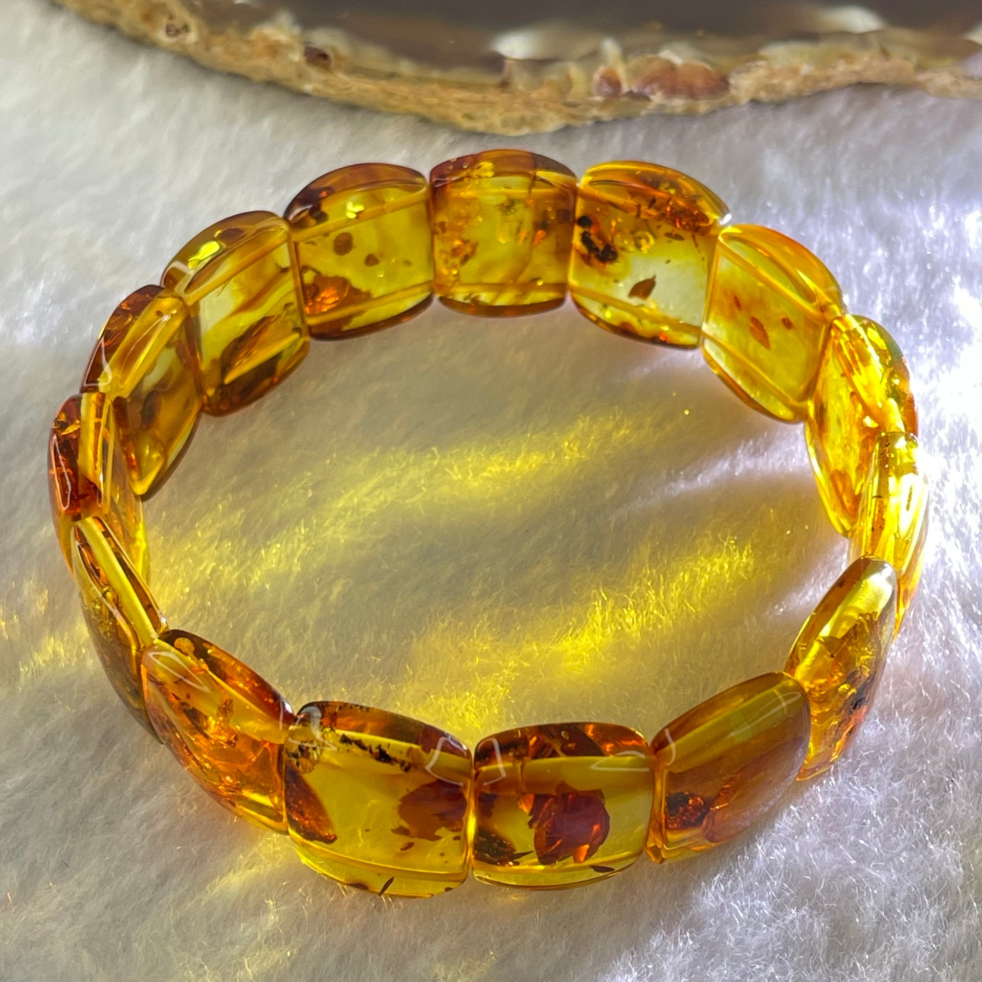 Natural Yellow Flower Amber Shou Pai Bracelet 天然花珀手牌手链 14.27g 17.5cm 18.6 by 12.7 by 4.8mm 15pcs - Huangs Jadeite and Jewelry Pte Ltd
