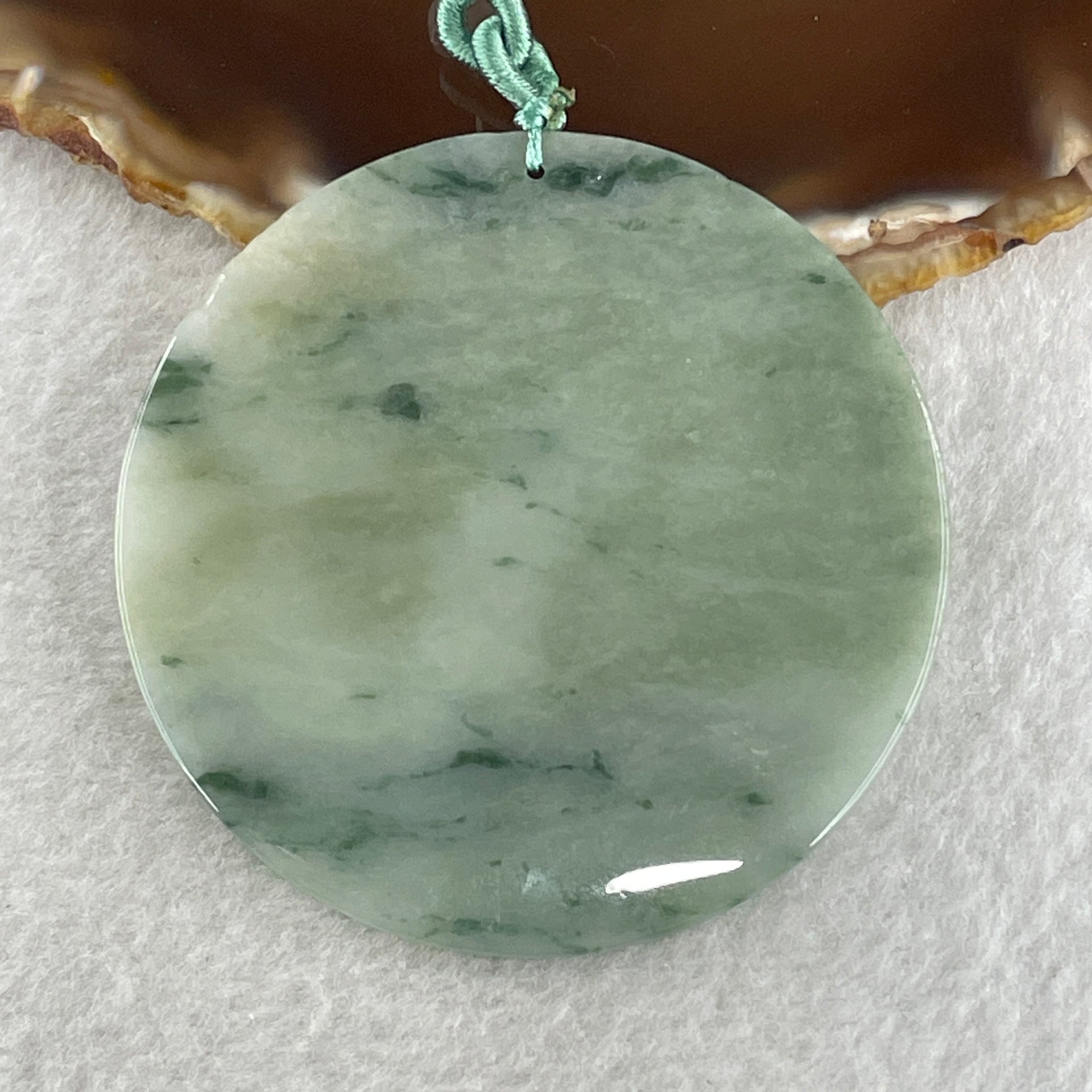 Natural Type A Green with Brownish and Dark Green Piao Hua Jadeite Round Wu Shi Pai Pendant 30.48g 57.9 by 2.9mm - Huangs Jadeite and Jewelry Pte Ltd
