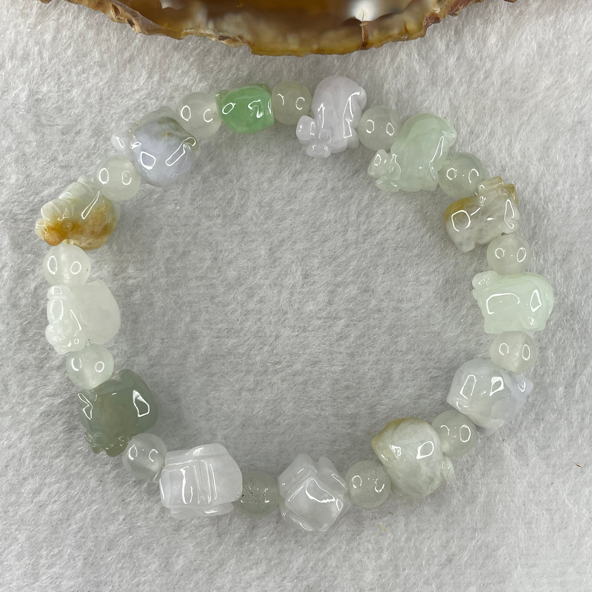 Natural Type A Multi Tone Green with Lavender and Yellow Jadeite Pig Shape Charms with Crystal Beads Bracelet 21.84g 15cm 12.1mm 11 Piglets - Huangs Jadeite and Jewelry Pte Ltd