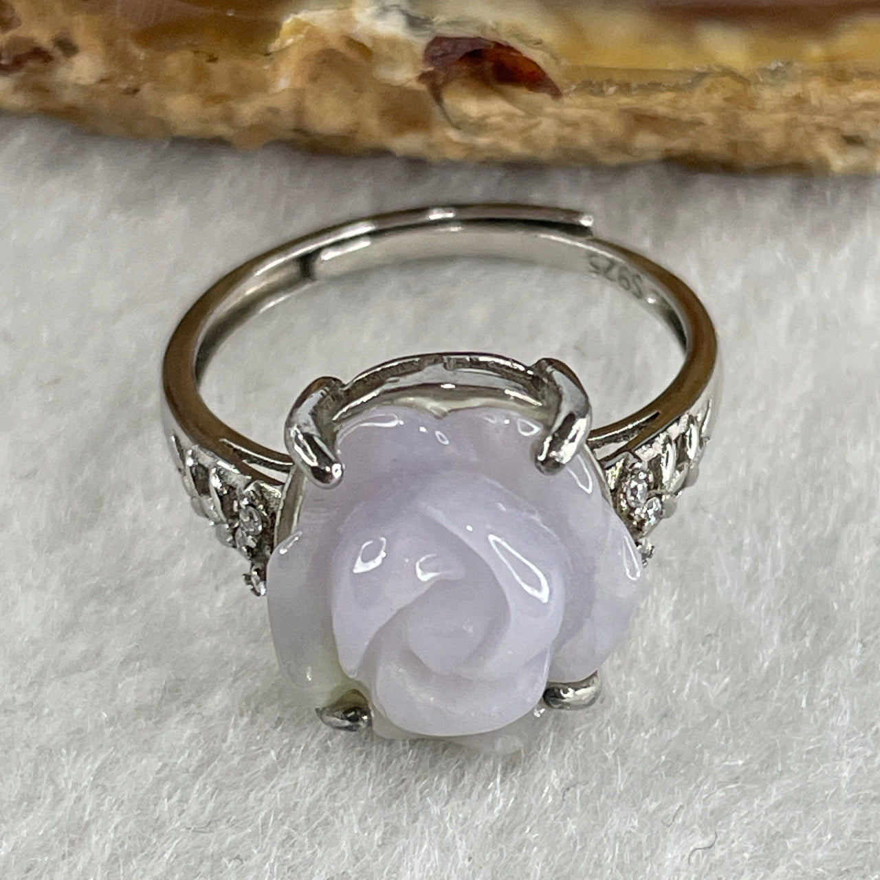 Natural Type A Lavender Jadeite Flower Ring in S925 Sliver 2.51g 12.4 by 11.5 by 6.0mm (Adjustable Size)