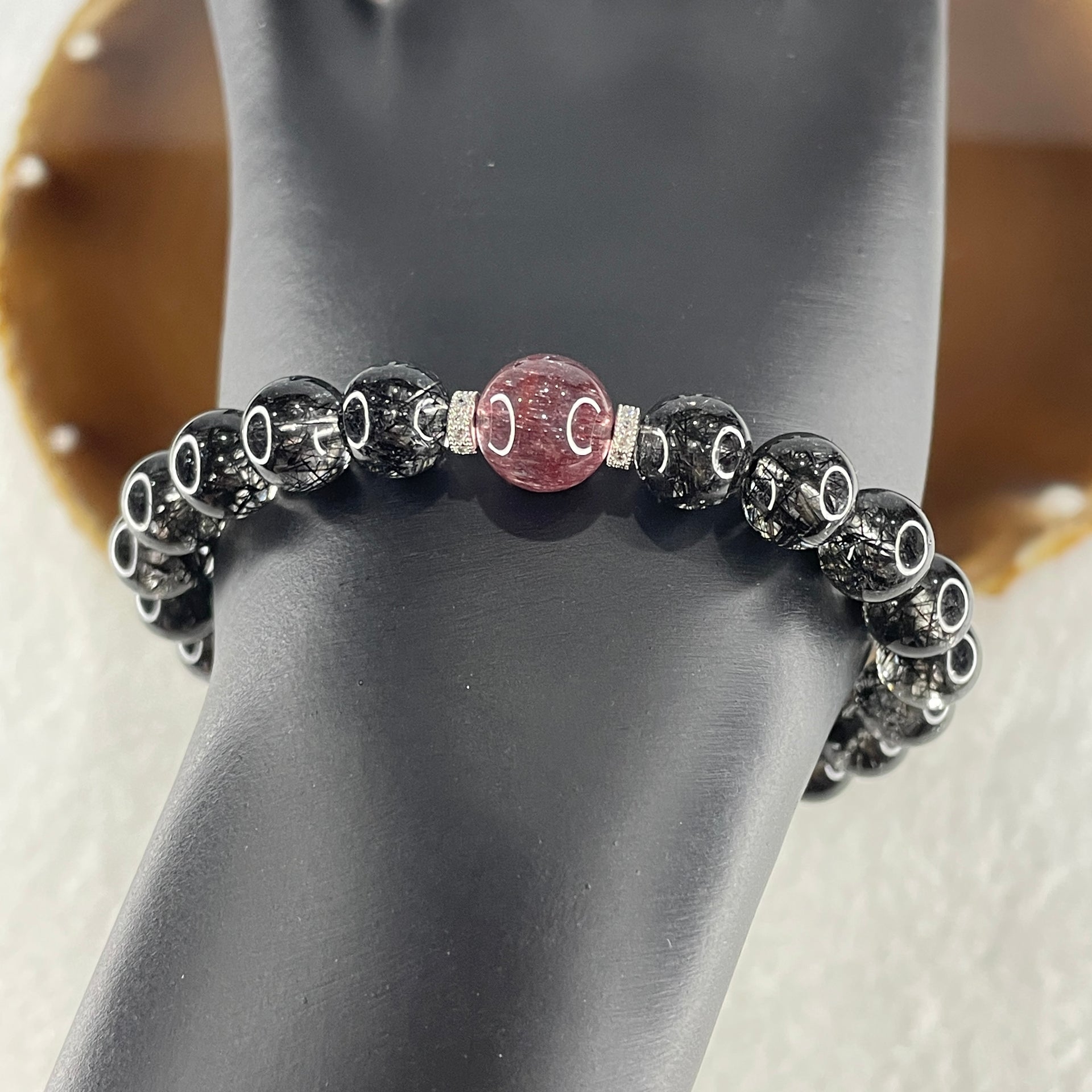 Natural Black Rutilated Quartz with Strawberry Quartz Beads Bracelet 17.79g 16cm 8.2mm 22Beads - 9.4mm 1Bead - Huangs Jadeite and Jewelry Pte Ltd