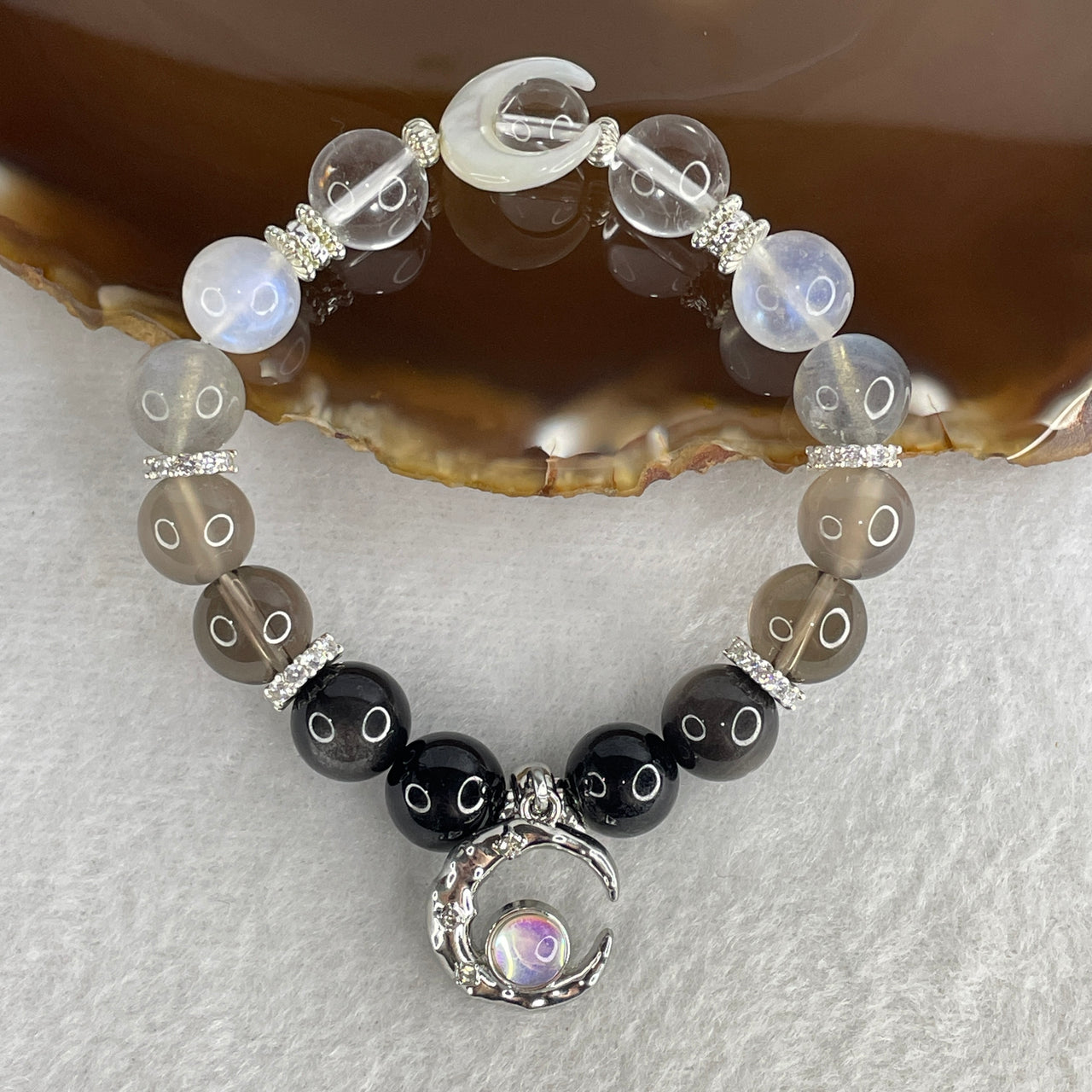 Natural Clear & Smoky Quartz, Moonstone & Black Obsidian Bracelet | Silver Color Charm| 14.5cm Tailored Strand | 14-Piece 10.5mm "Eclipse Shadow" Protective High-Contrast Luxury Wish Charm Bracelet (28.09g)
