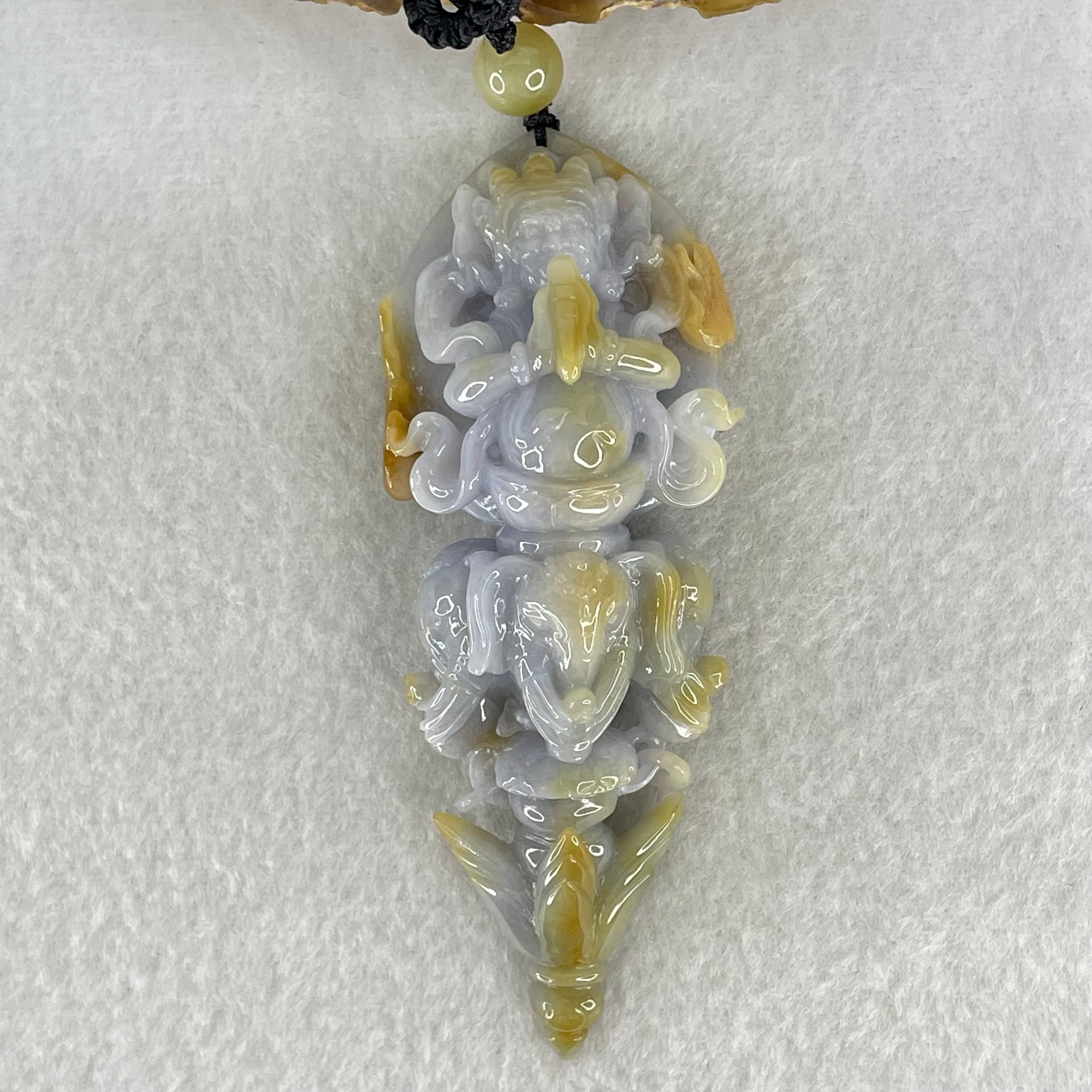 Type A Deep Lavender with Brownish Patches Jadeite Acala on 3 Elephants and Dagger Pendant Necklace 72.27g 89.6 by 34.0 by 20.3mm - Huangs Jadeite and Jewelry Pte Ltd