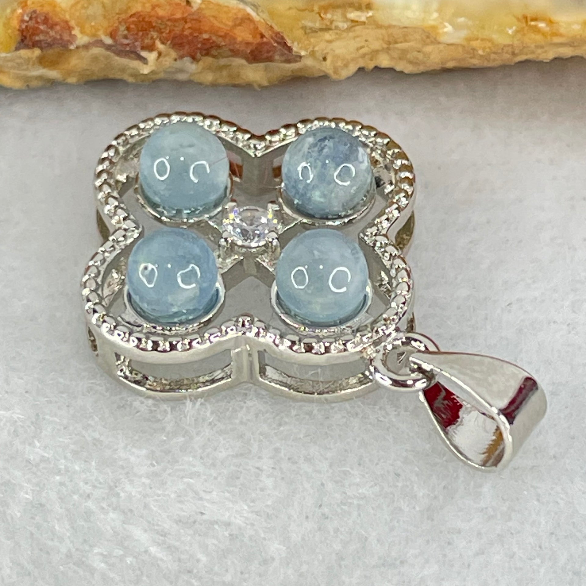 Above Average Grade Rare Natural Blue Dumortierite Rutilated Quartz in S925 Four Leaf Clover Pendant 2.22g 4.0mm 4pcs - Huangs Jadeite and Jewelry Pte Ltd