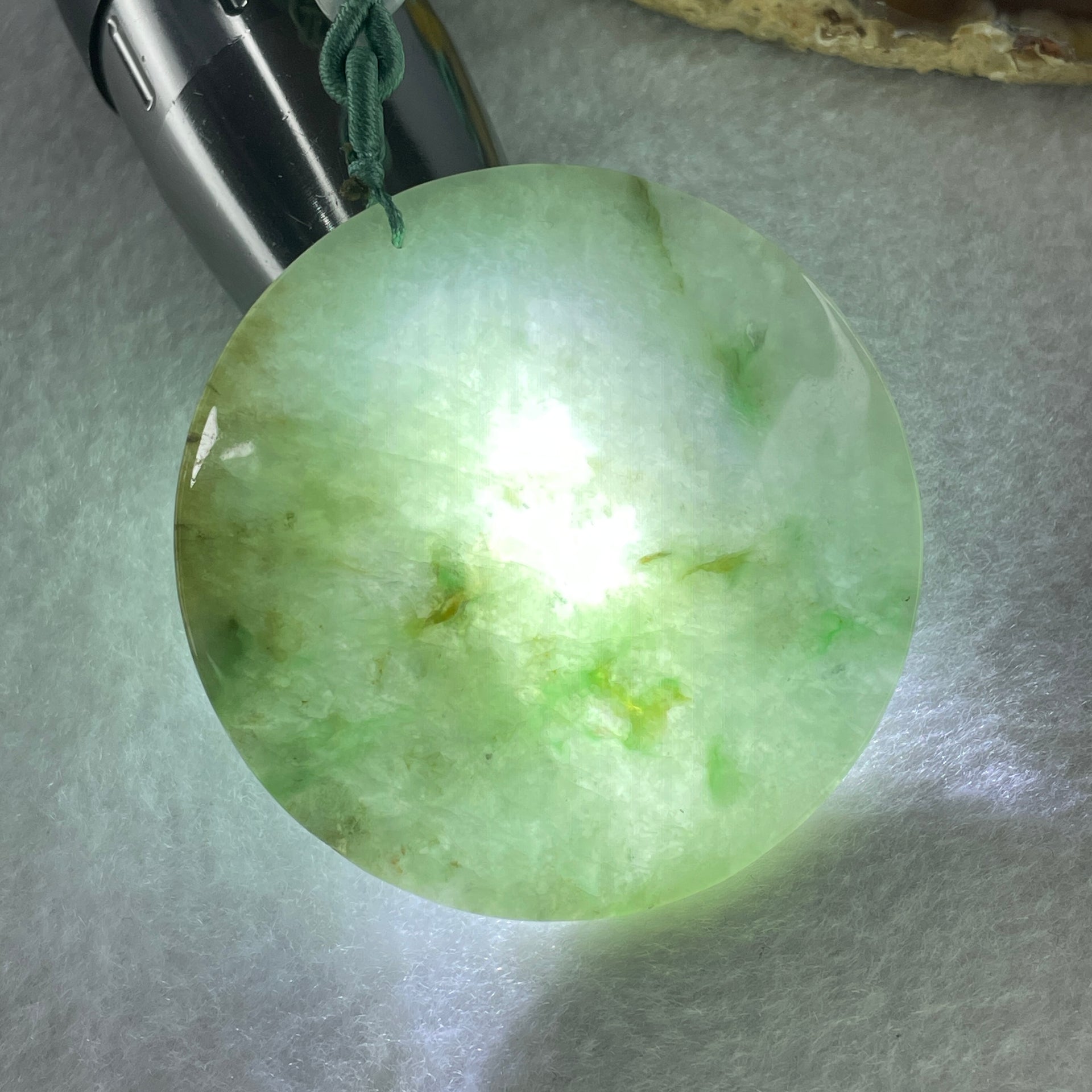 Natural Type A Green with Brownish and Dark Green Piao Hua Jadeite Round Wu Shi Pai Pendant 29.12g 54.2 by 3.1mm - Huangs Jadeite and Jewelry Pte Ltd