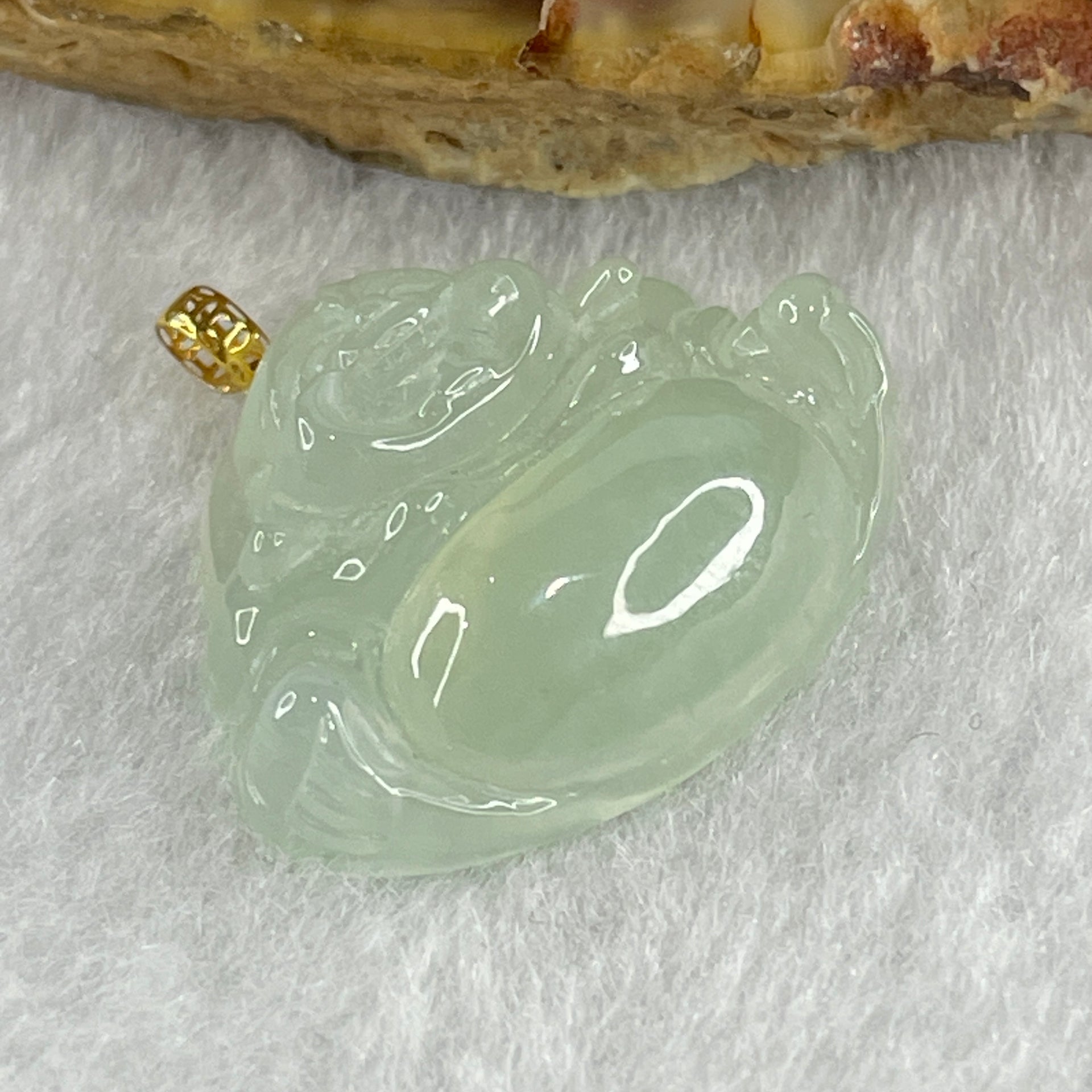 Natural Type A Semi Icy Sky Blue Jadeite Milo Buddha Pendant in 18K Yellow Gold Clasp 4.6g 18.1 by 24.0 by 7.2mm - Huangs Jadeite and Jewelry Pte Ltd