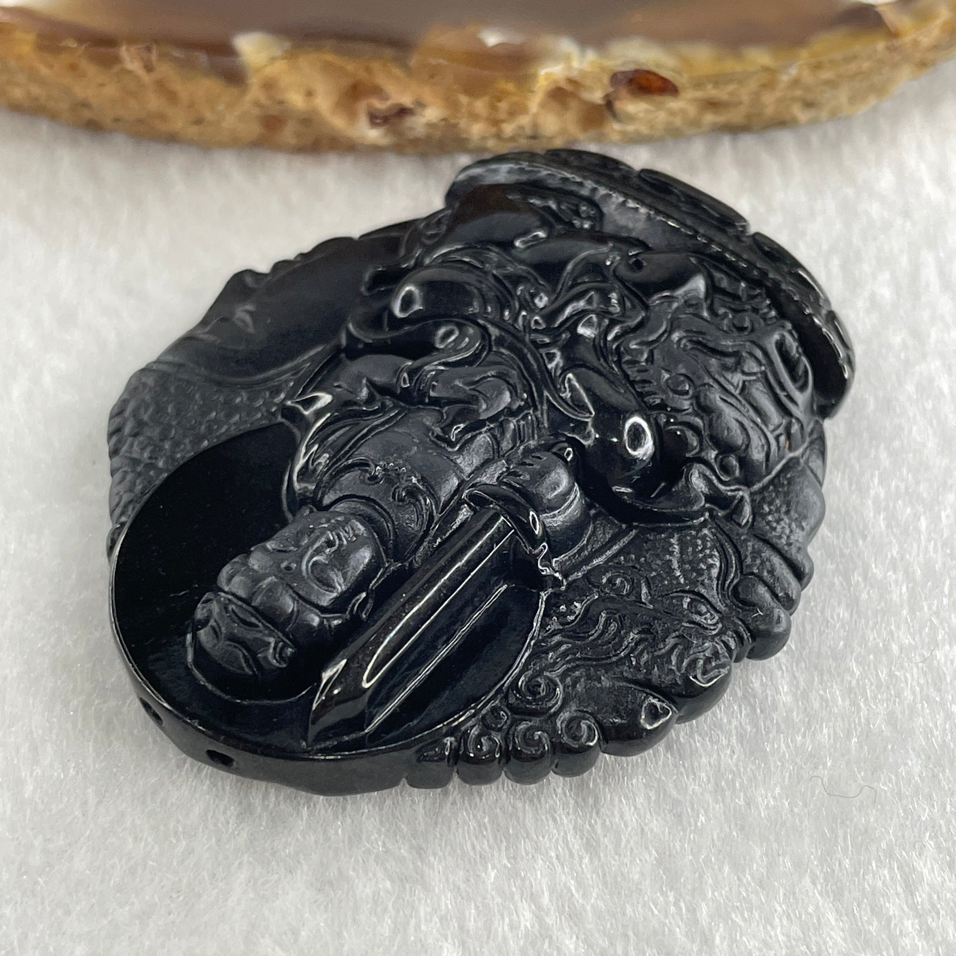 Type A Opaque Black Omphacite Jadeite Good Vs Evil Manjushri Bodhisattva Pendant Rabbit Zodiac Guardian 35.89g 51.2 by 44.3 by 10.0mm - Huangs Jadeite and Jewelry Pte Ltd