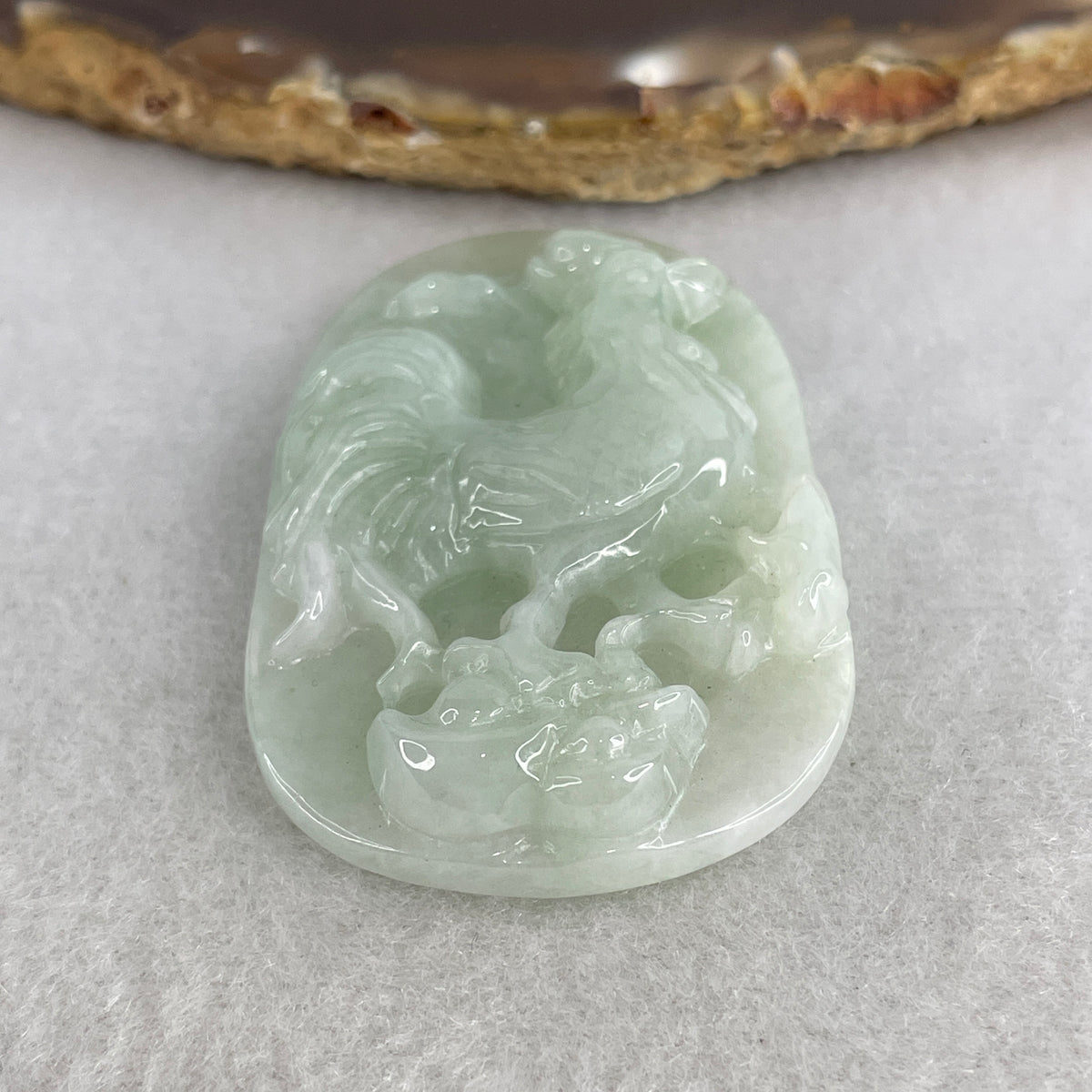 Certified Type A Light Green Jadeite Rooster on Gold Ingot Pendant | Wealth Abundance & Dawn Prosperity Shield (28.17g | 54.1x33.3x9.0mm | Synergy, Zodiac Rooster Luck, Abundance Magnet & Protection Talisman)