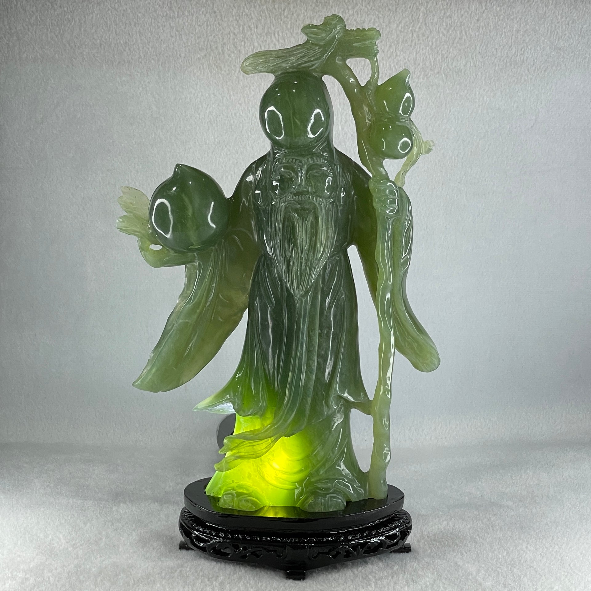 Natural Dark Green Serpentine Shou Xing Gong with Longevity Peach with Wooden Stand Display 1,383.8g 167.0 by 265.0 by 62.0mm - Huangs Jadeite and Jewelry Pte Ltd