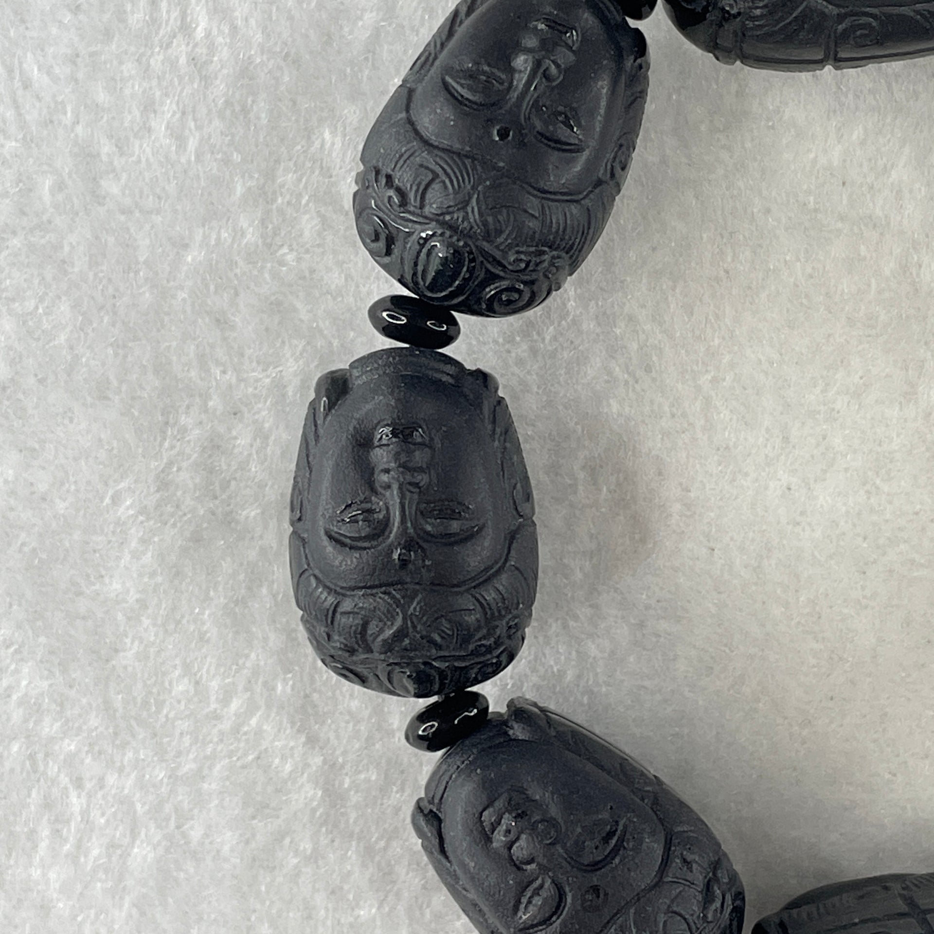 Type A Opaque Black Omphacite Jadeite Guan Yin Head Beads Bracelet 117.05g 16cm 19.7mm 8 Beads - Huangs Jadeite and Jewelry Pte Ltd
