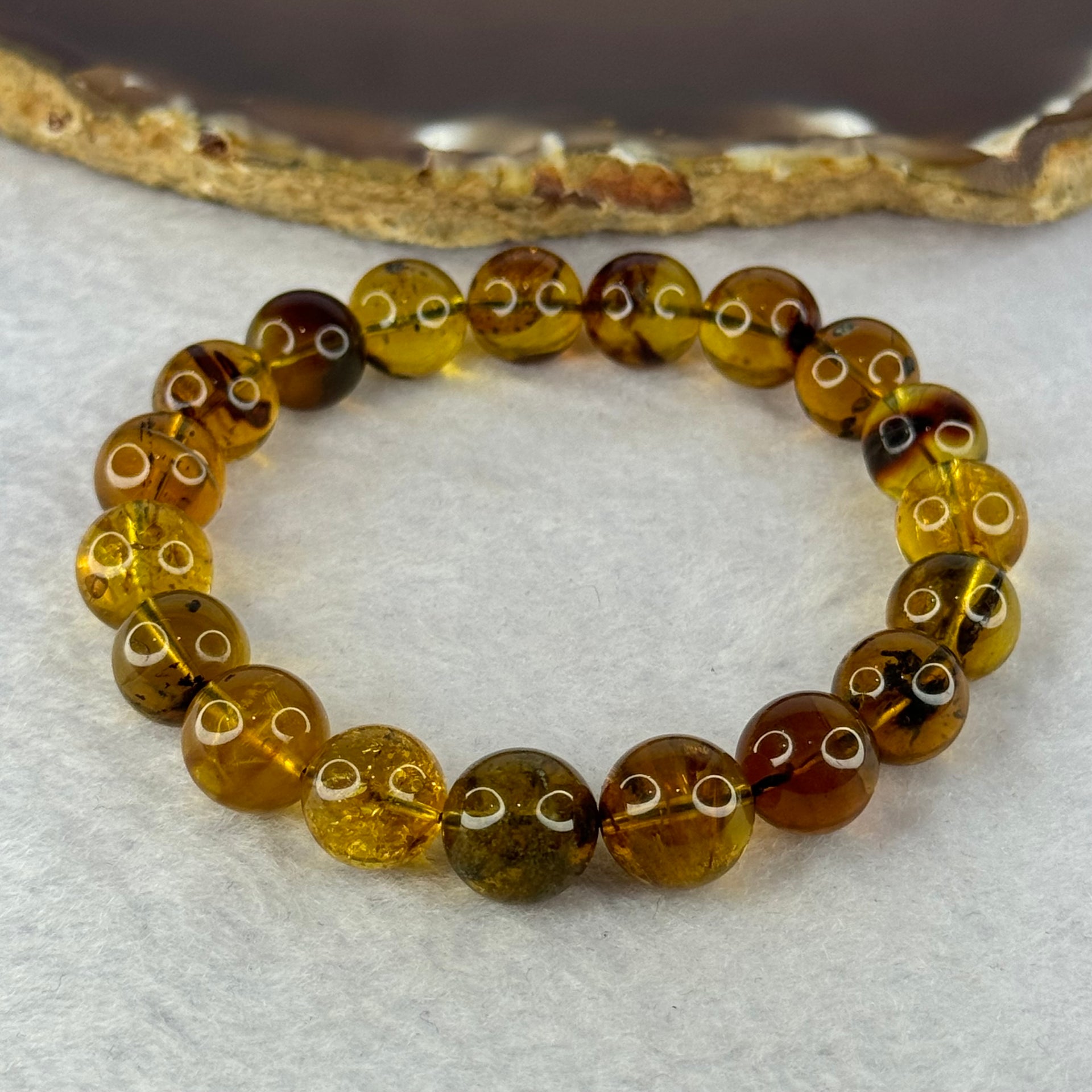 Natural Amber Bracelet 天然琥珀手链 9.75g 15.5cm 10.5mm 19 Beads - Huangs Jadeite and Jewelry Pte Ltd