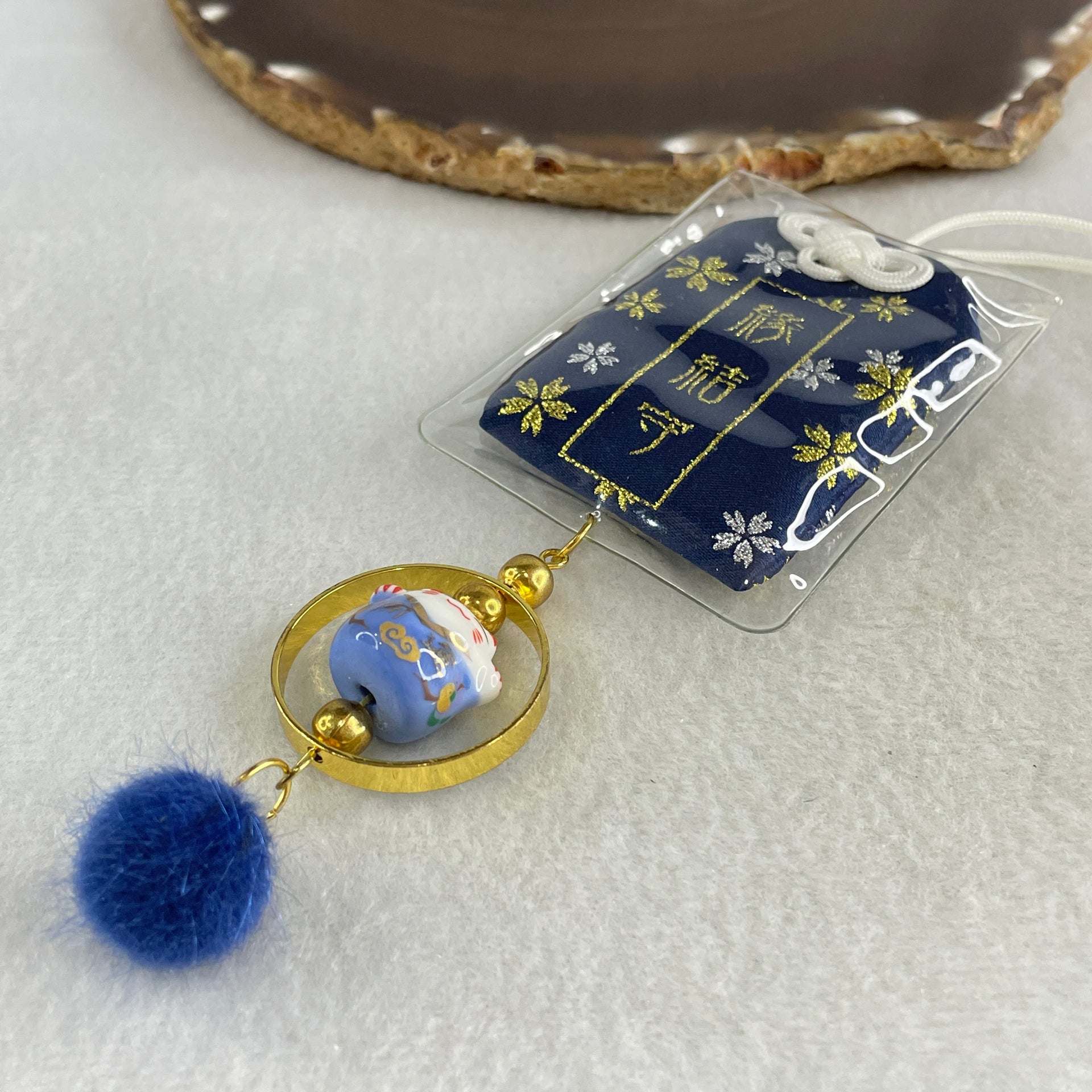 Porcelain Blue Fortune Cat Charm 13.62g 15.0 by 17.0 by 14.2mm - Huangs Jadeite and Jewelry Pte Ltd