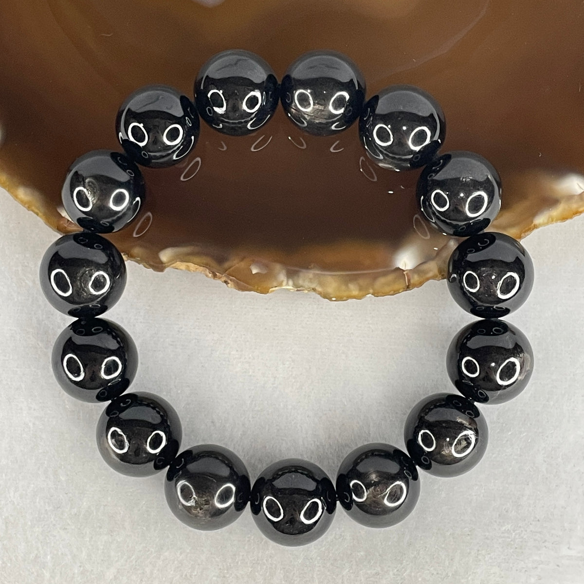 Certified Good Grade Natural Black Hypersthene Enstatite Beads Bracelet | 17.5cm Master Strand of 15 Matched 14.8mm Statement Beads (82.13g | Metallic Silver Schiller Sheen | "Velvet Labradorite" Shielding & Laser Focus)