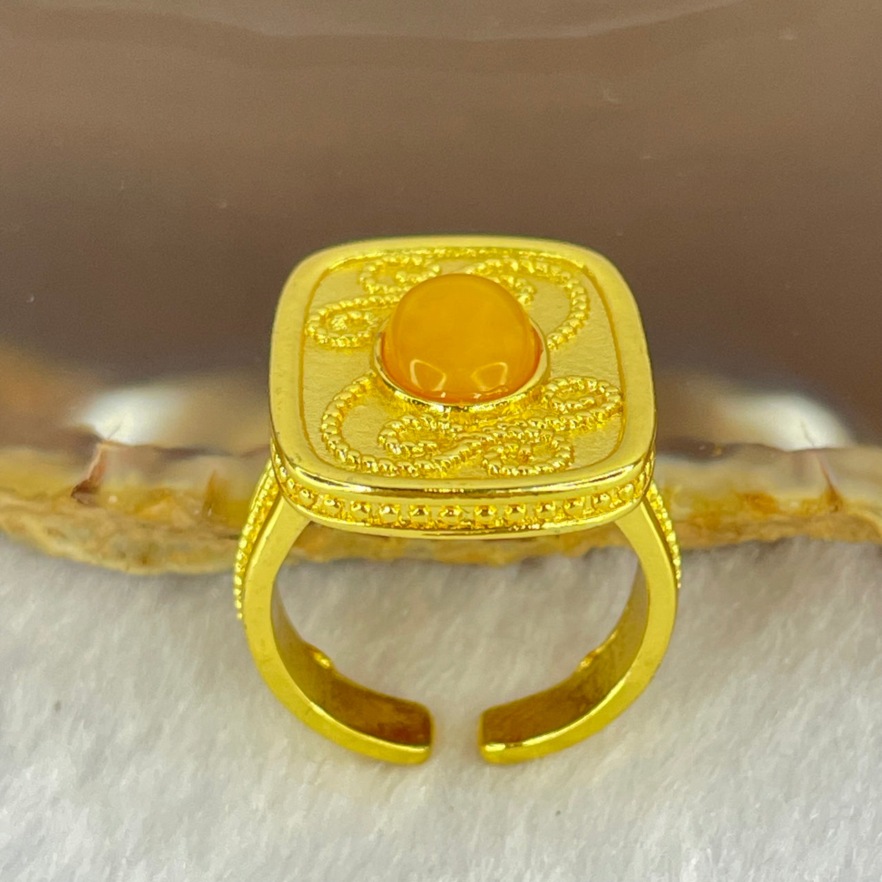Natural Butterscotch Amber in  Sliver Gold Color Ring (Adjustable Size) 7.53g 10.2 by 6.6 by 3.5mm - Huangs Jadeite and Jewelry Pte Ltd