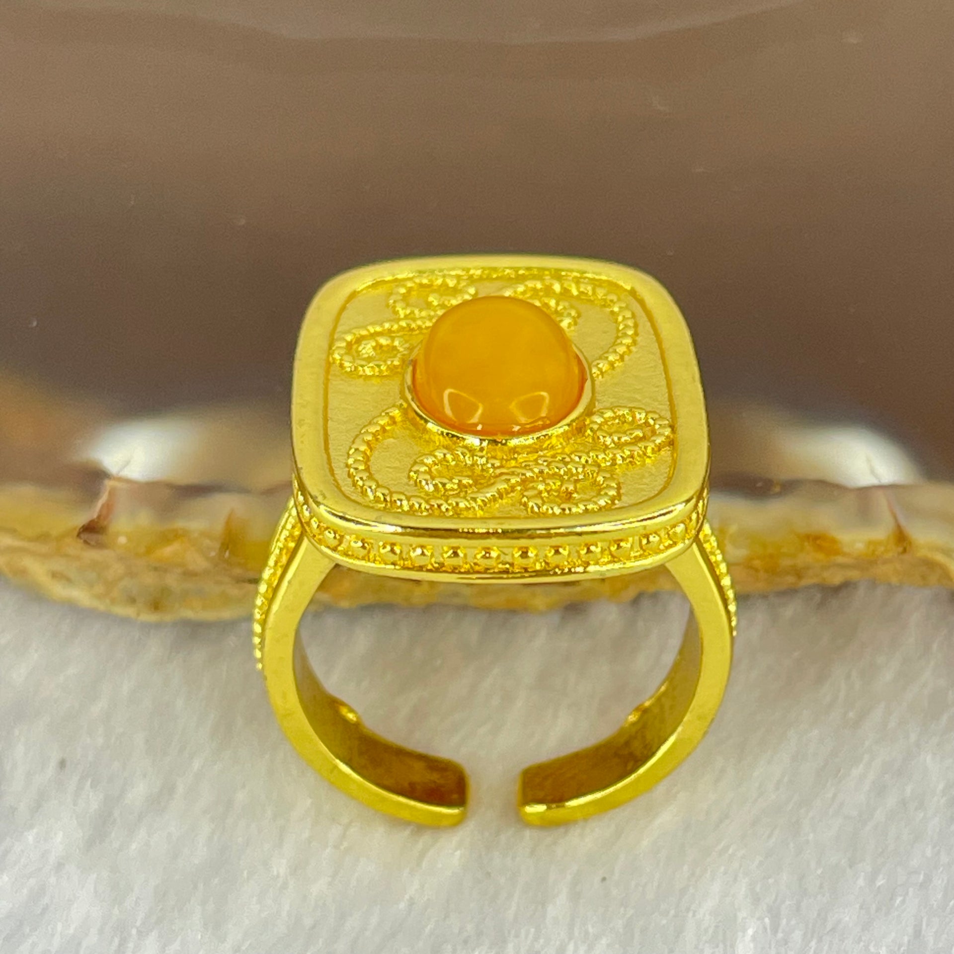 Natural Butterscotch Amber in  Sliver Gold Color Ring (Adjustable Size) 7.53g 10.2 by 6.6 by 3.5mm - Huangs Jadeite and Jewelry Pte Ltd